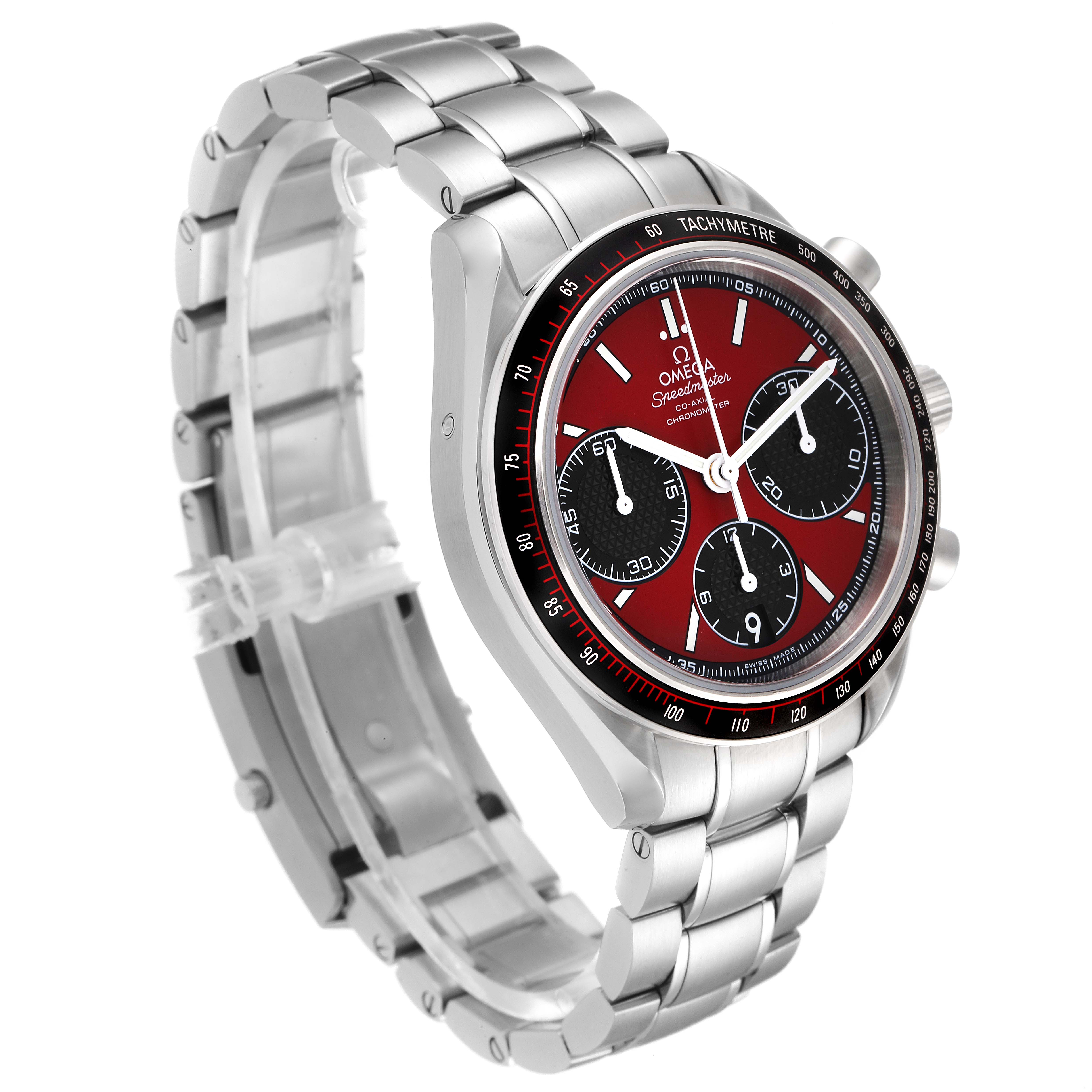 The Omega Speedmaster 326.30.40.50.11.001 Men
s Stainless Steel Red Dial 326.30.40.50.11.001 Men
s Stainless Steel Red Dial watch is shown from an angled side view, displaying its face, bracelet, and clasp.