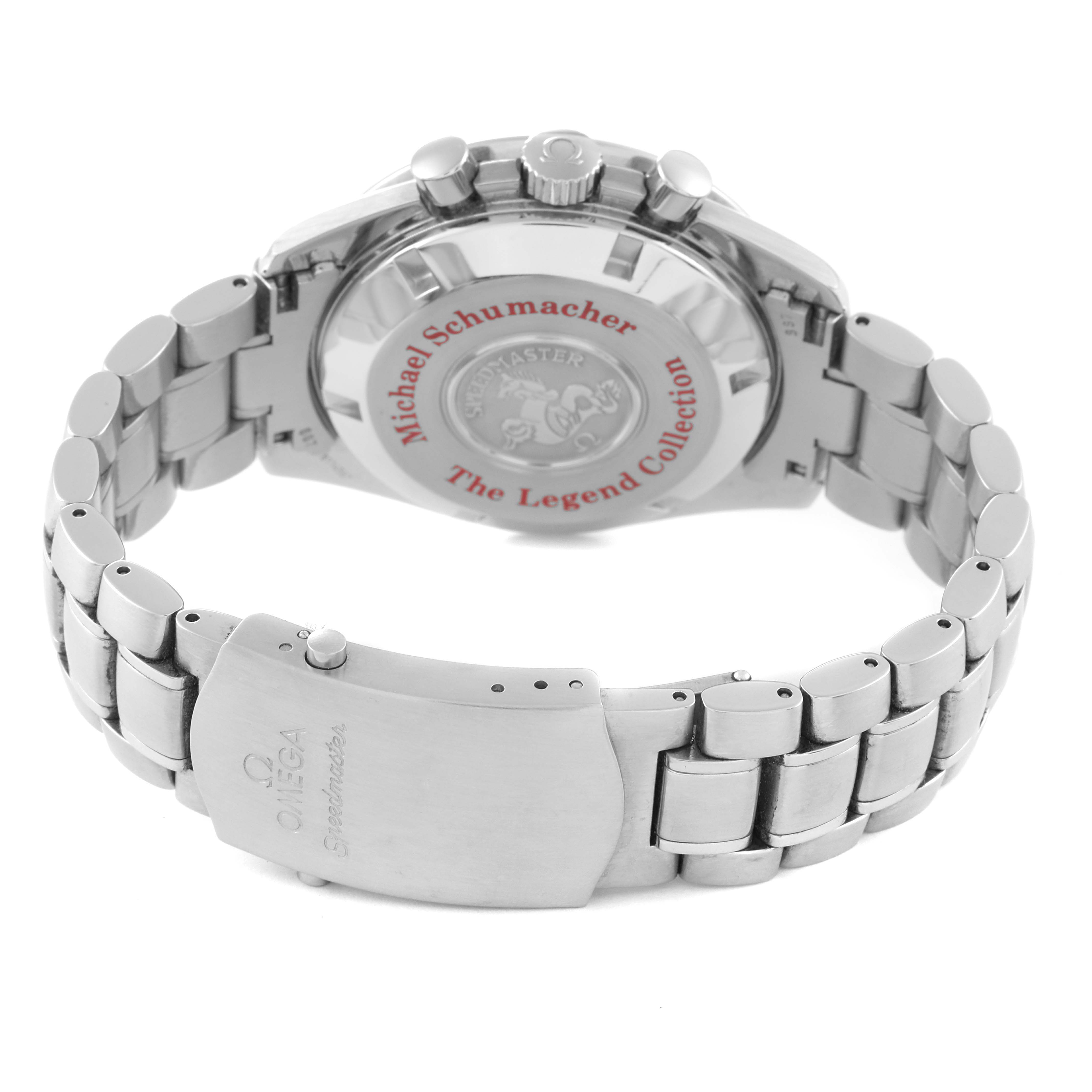 The image shows the back view of an Omega Speedmaster 3506.31.00 Men's Stainless Steel Silver Dial 3506.31.00 Men's Stainless Steel Silver Dial watch, featuring its clasp and engraved caseback.