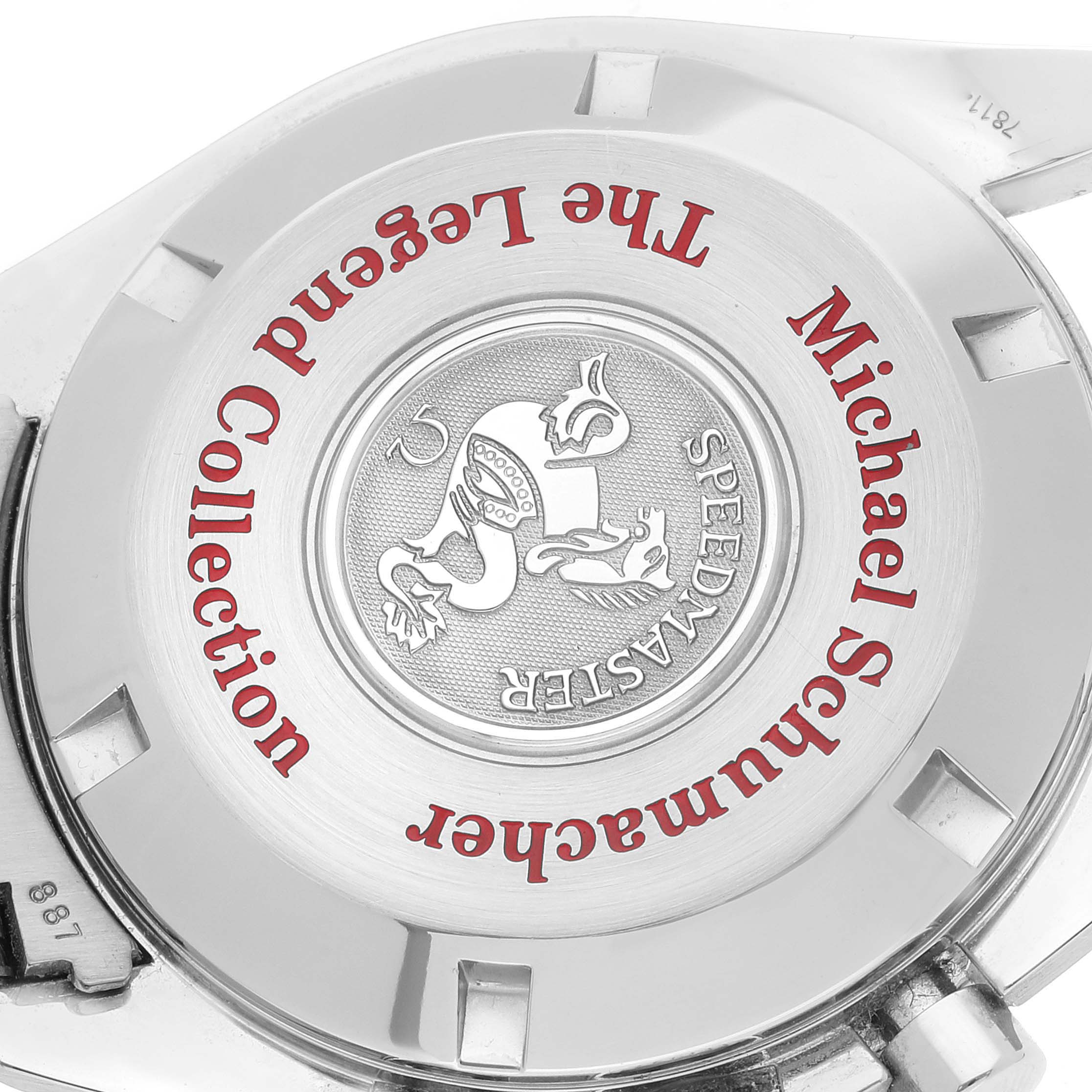 The image shows the case back of the Omega Speedmaster 3506.31.00 Men's Stainless Steel Silver Dial 3506.31.00 Men's Stainless Steel Silver Dial Michael Schumacher "The Legend" Collection watch.