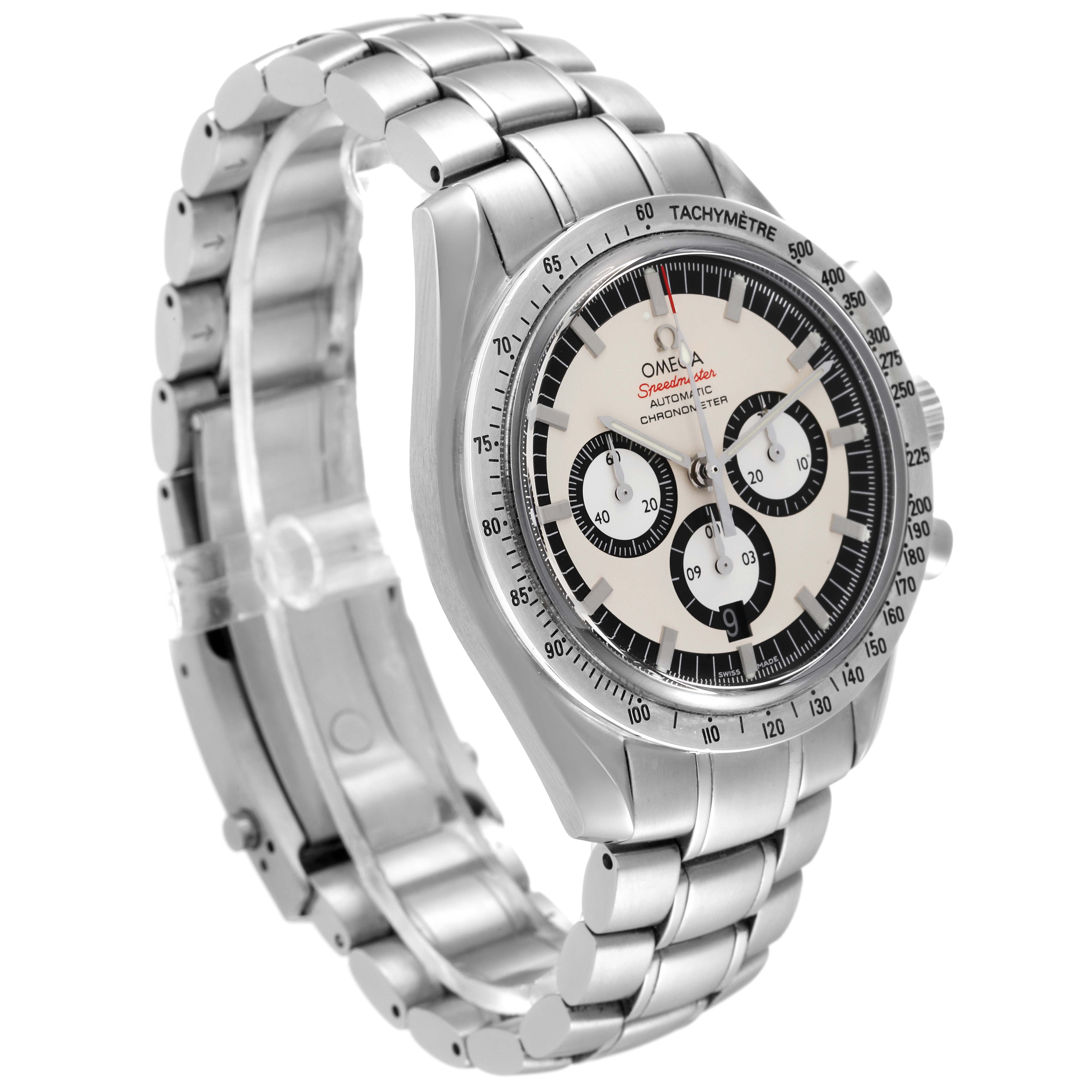 The Omega Speedmaster 3506.31.00 Men's Stainless Steel Silver Dial 3506.31.00 Men's Stainless Steel Silver Dial watch is shown at a three-quarter angle, highlighting the face, dial, and stainless steel bracelet.