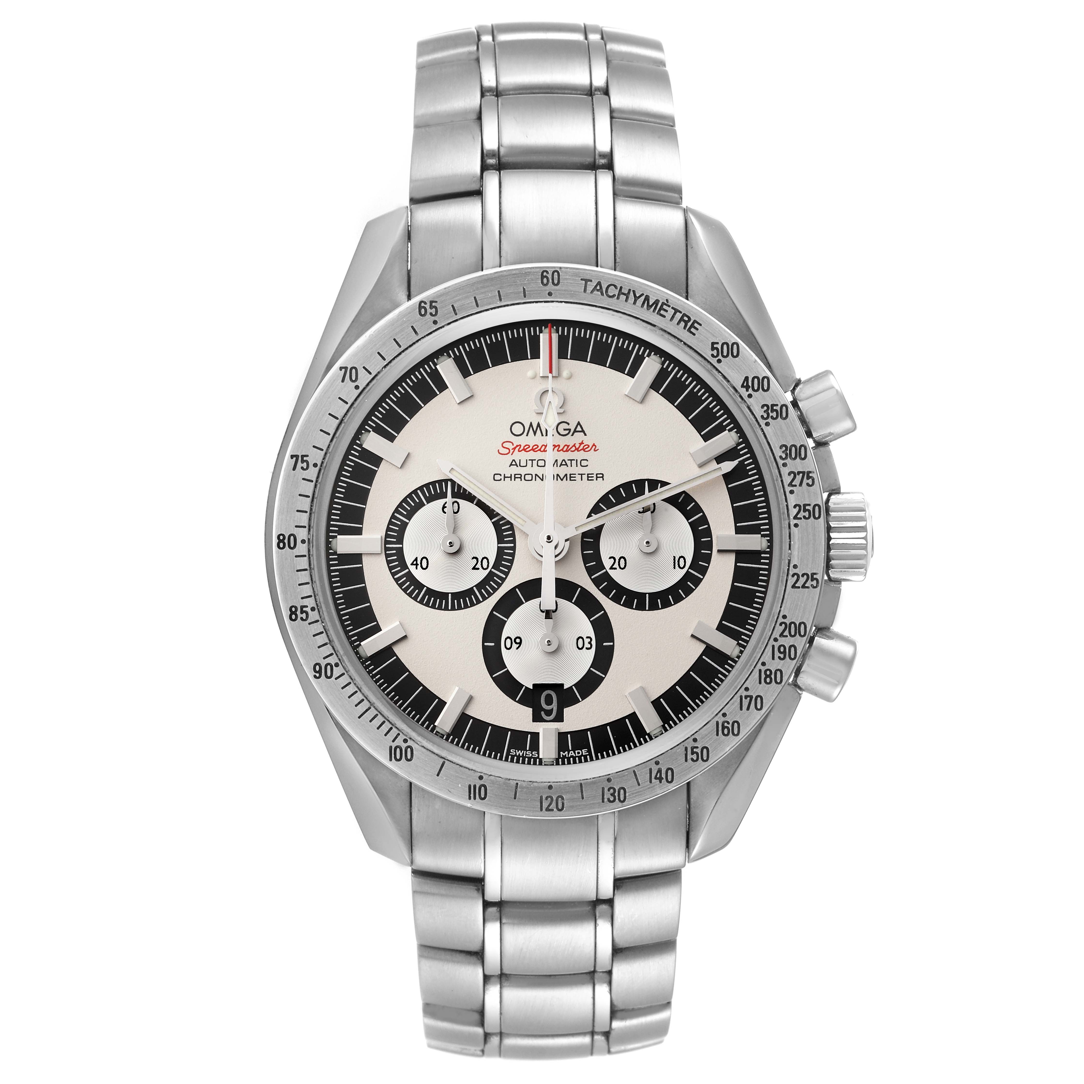 The image shows a front view of an Omega Speedmaster 3506.31.00 Men's Stainless Steel Silver Dial 3506.31.00 Men's Stainless Steel Silver Dial watch, displaying its face, tachymeter bezel, and metal bracelet.