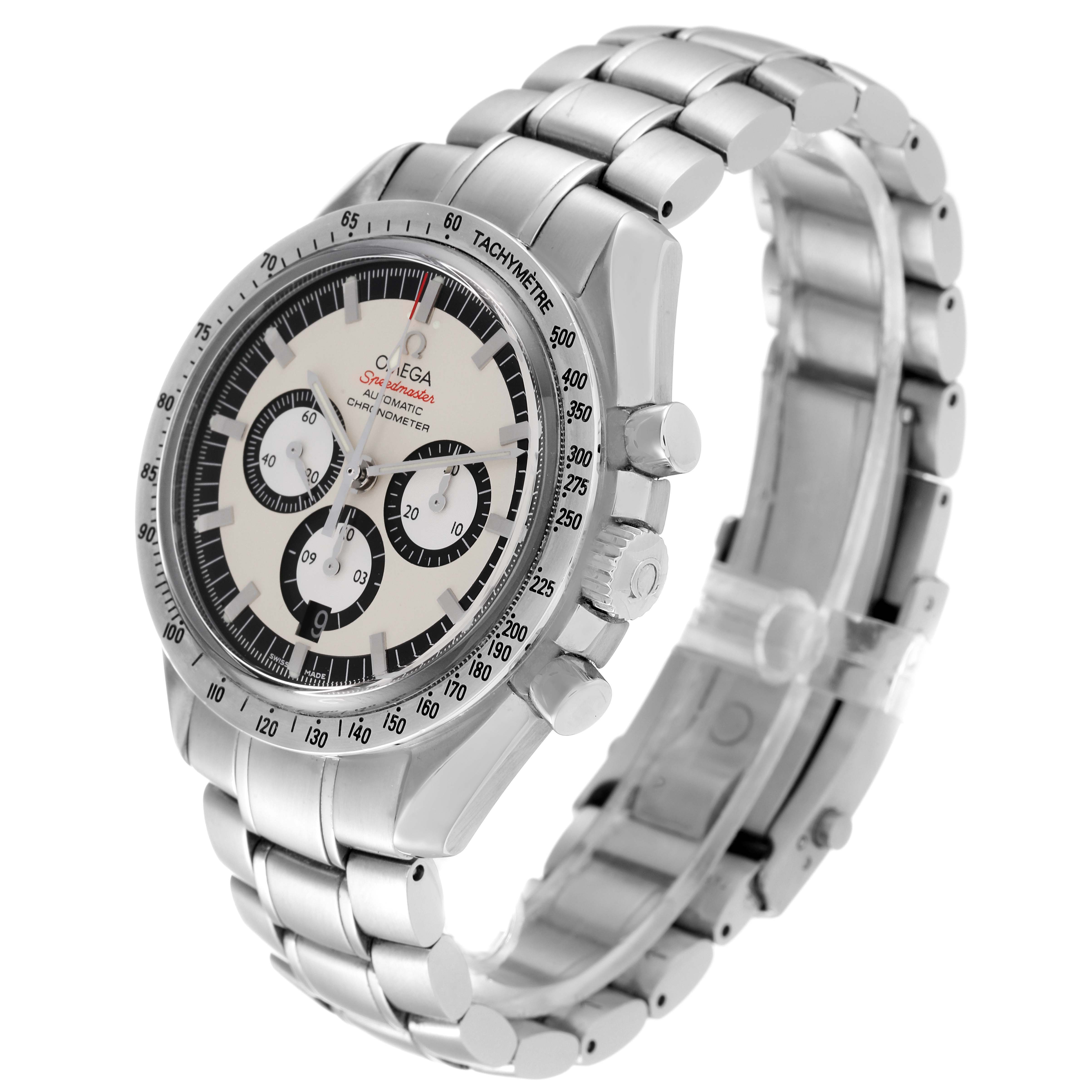 The Omega Speedmaster 3506.31.00 Men's Stainless Steel Silver Dial 3506.31.00 Men's Stainless Steel Silver Dial watch is shown at a three-quarter angle, displaying the face, bezel, chronograph buttons, and stainless steel bracelet.