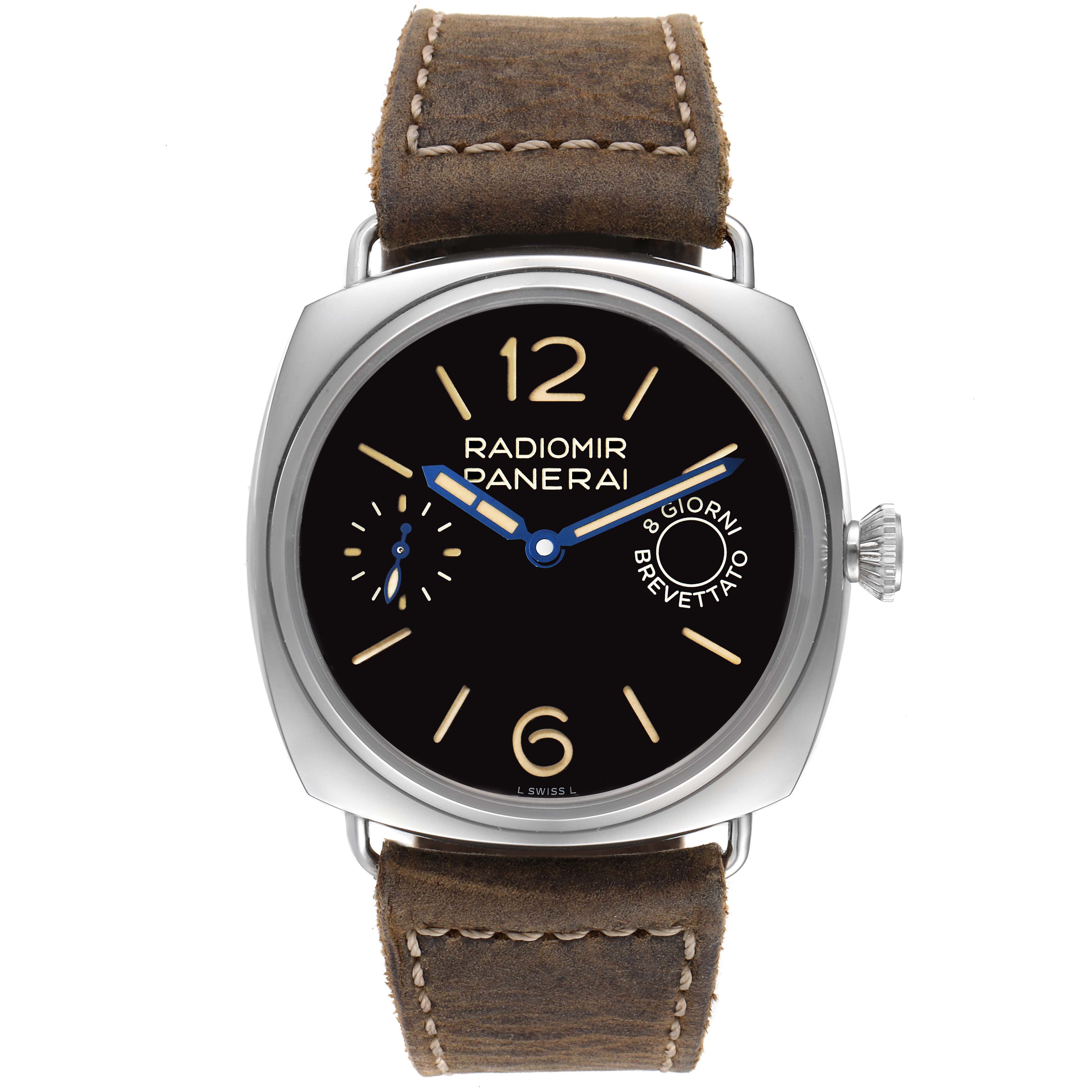 This image shows a Panerai Radiomir PAM00992 Men
s Stainless Steel Black Dial PAM00992 Men
s Stainless Steel Black Dial watch from a top view, highlighting its dial, case, and leather strap.