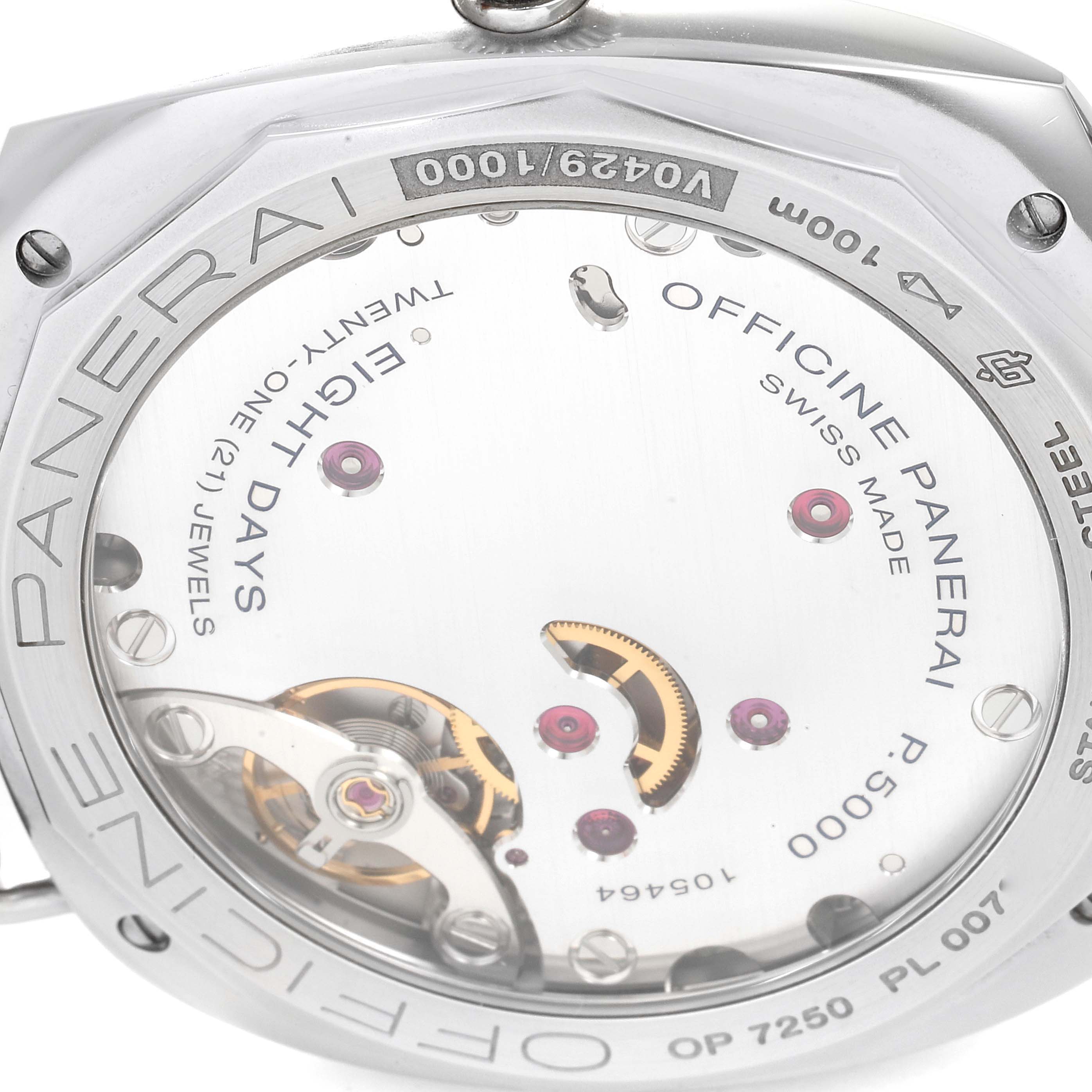 The image shows the back view of a Panerai Radiomir PAM00992 Men
s Stainless Steel Black Dial PAM00992 Men
s Stainless Steel Black Dial watch, highlighting the movement and various mechanical components.