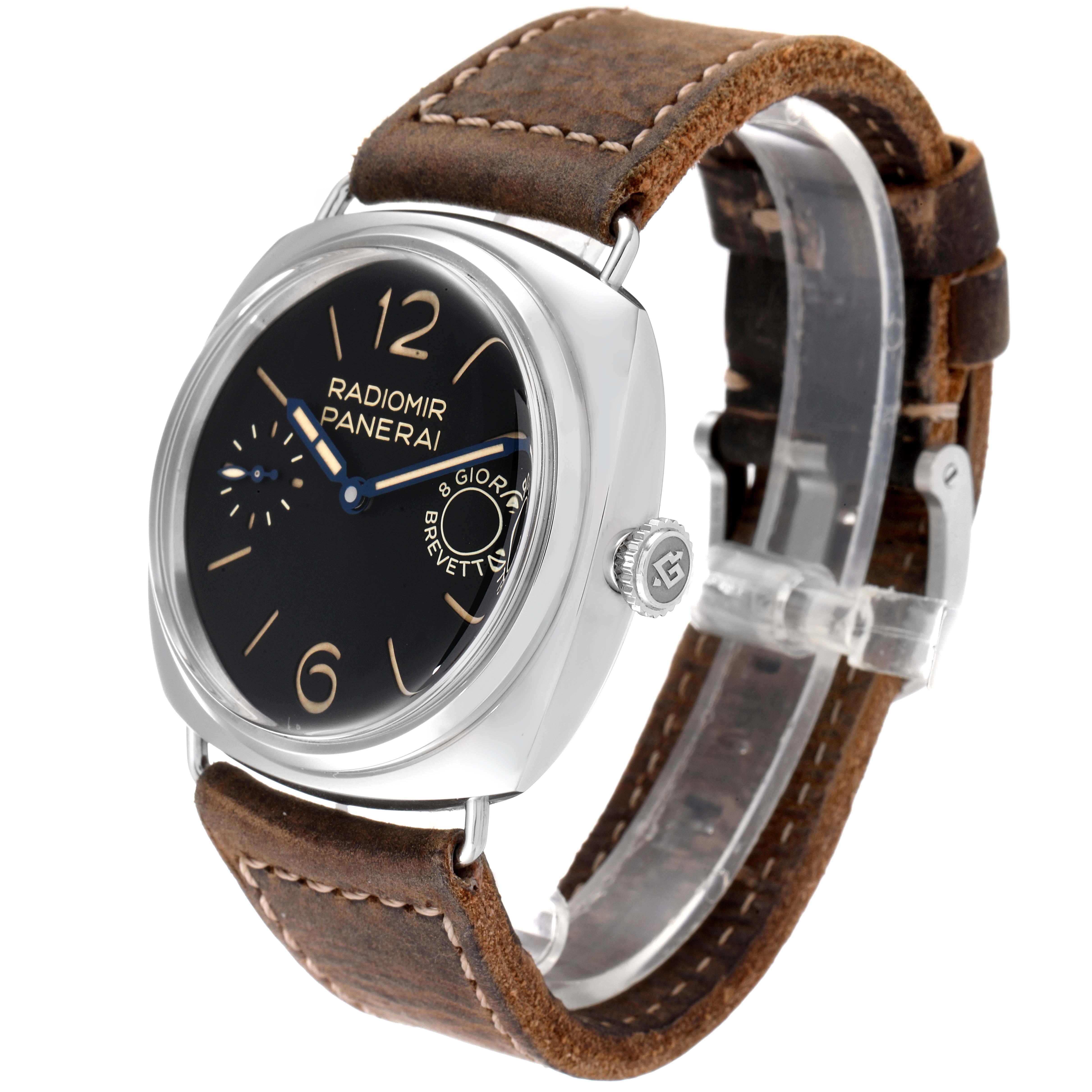 The image shows a Panerai Radiomir PAM00992 Men
s Stainless Steel Black Dial PAM00992 Men
s Stainless Steel Black Dial watch at a three-quarter angle, displaying its face, crown, and brown leather strap.