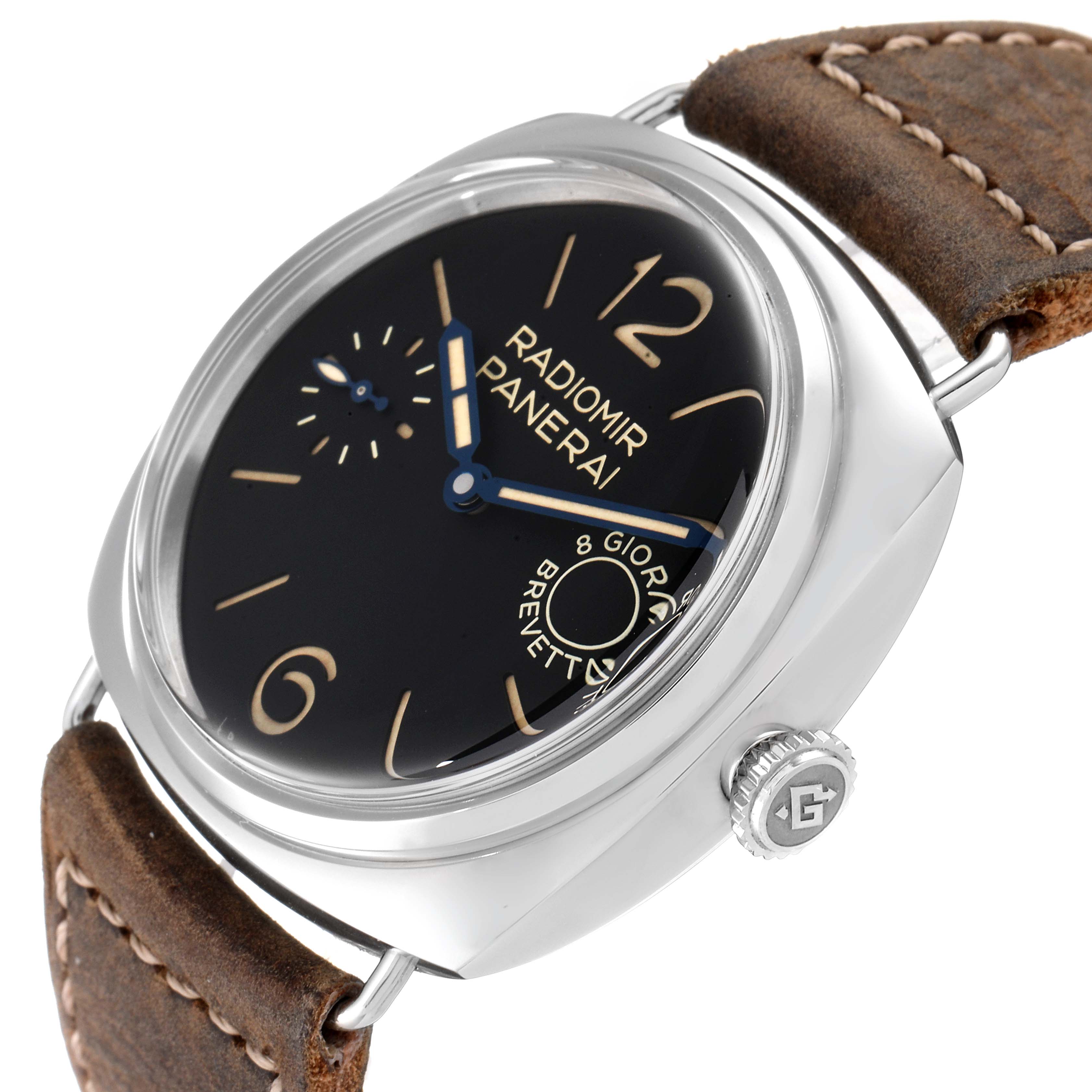 The image shows a Panerai Radiomir PAM00992 Men
s Stainless Steel Black Dial PAM00992 Men
s Stainless Steel Black Dial watch at a slight side angle, displaying its face, crown, and brown leather strap.
