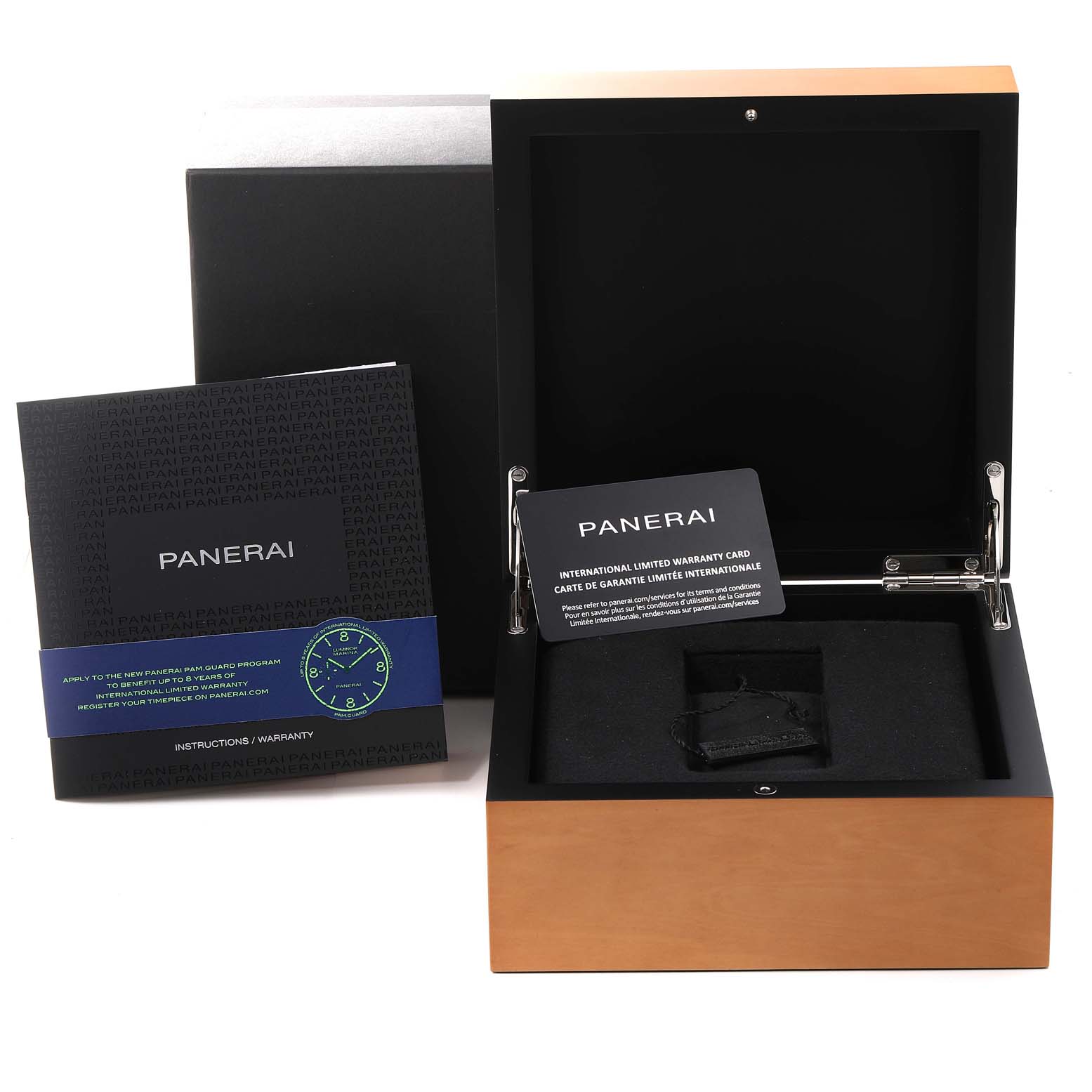 The image shows open packaging, warranty card, and user manual for a Panerai Radiomir PAM00992 Men
s Stainless Steel Black Dial PAM00992 Men
s Stainless Steel Black Dial watch.