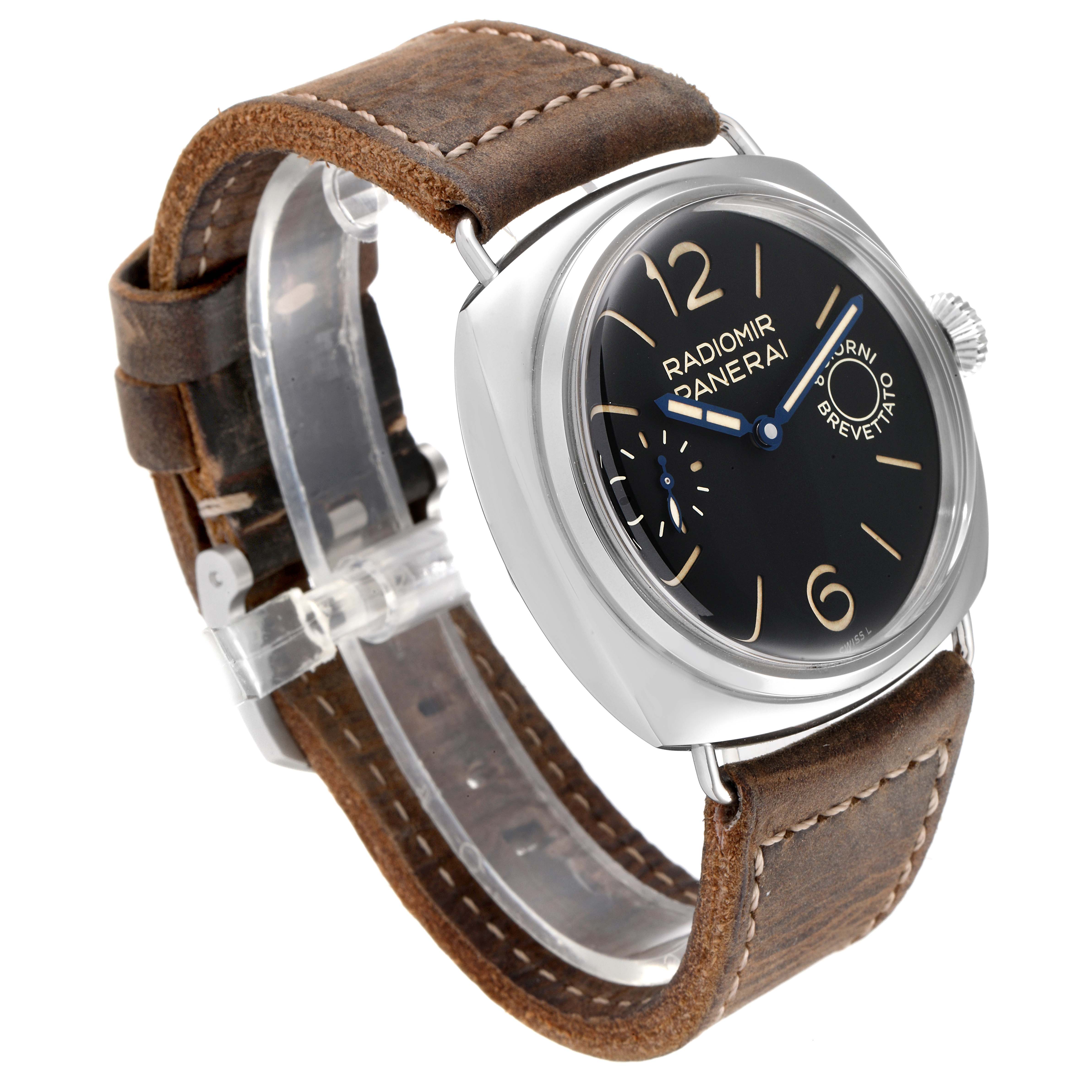 The Panerai Radiomir PAM00992 Men
s Stainless Steel Black Dial PAM00992 Men
s Stainless Steel Black Dial watch is shown from a front-left angle, displaying its face, crown, and brown leather strap.