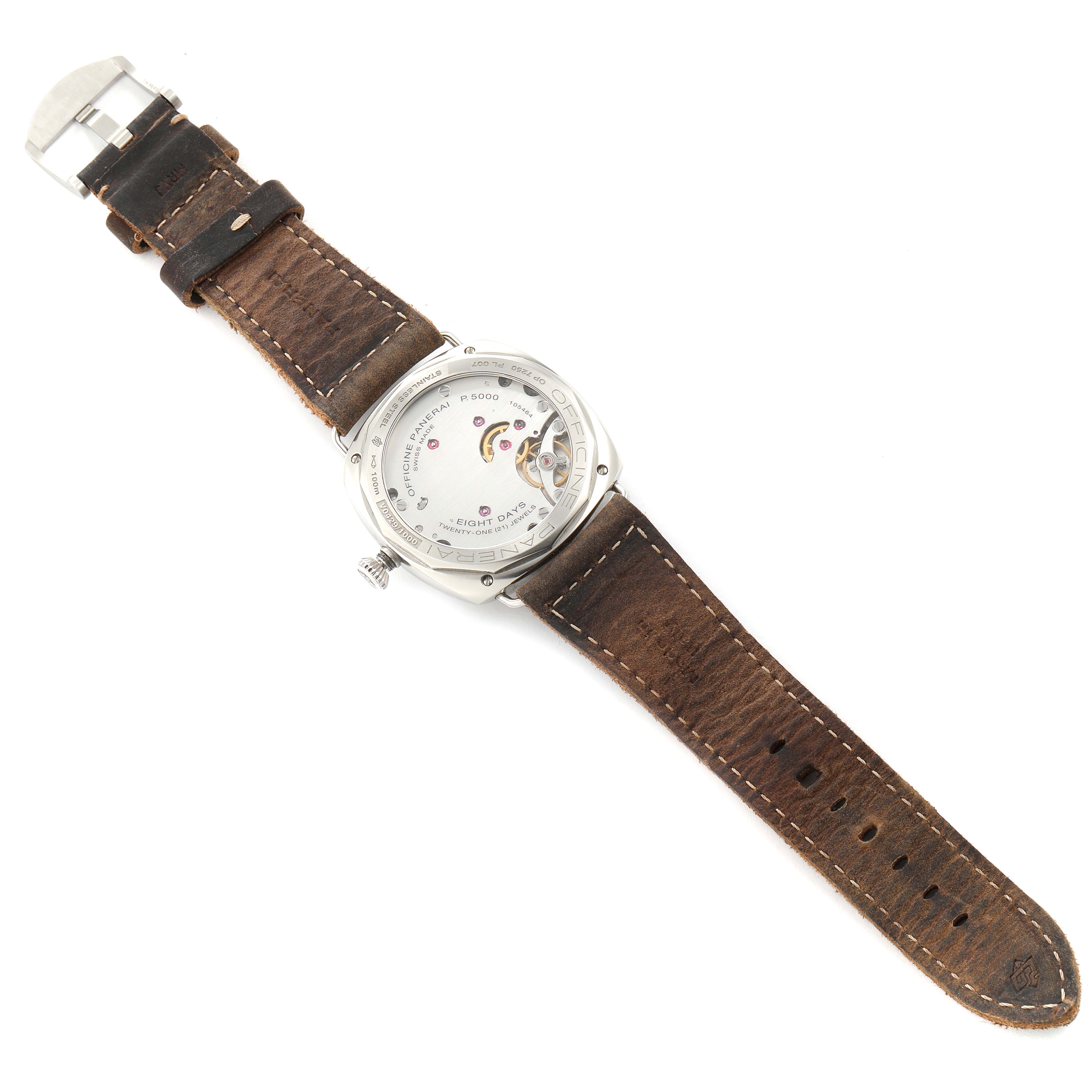 The image shows the back view of a Panerai Radiomir PAM00992 Men
s Stainless Steel Black Dial PAM00992 Men
s Stainless Steel Black Dial watch, highlighting its leather strap and visible internal mechanism.