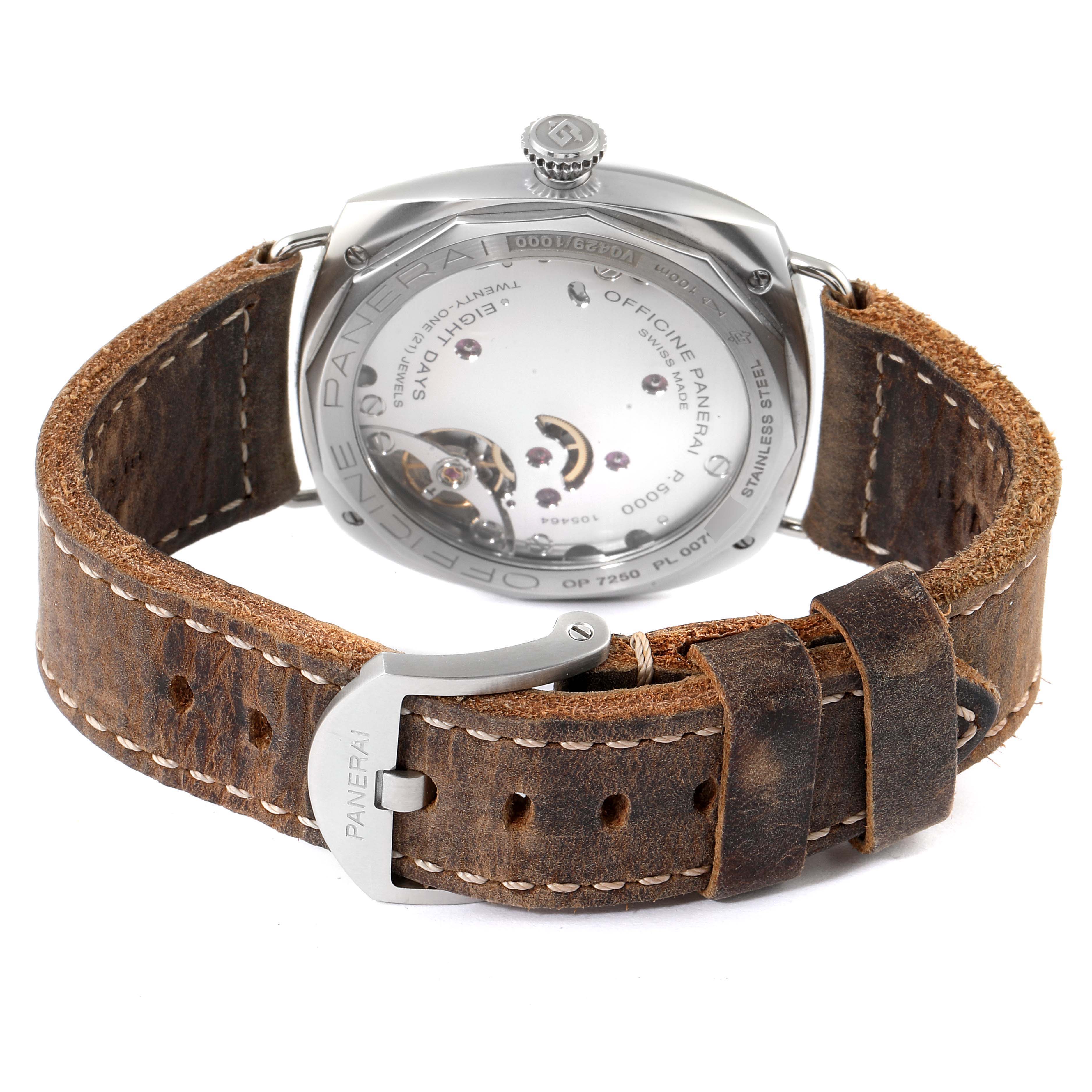 The image shows the back view of the Panerai Radiomir PAM00992 Men
s Stainless Steel Black Dial PAM00992 Men
s Stainless Steel Black Dial watch, highlighting the transparent case back and leather strap.