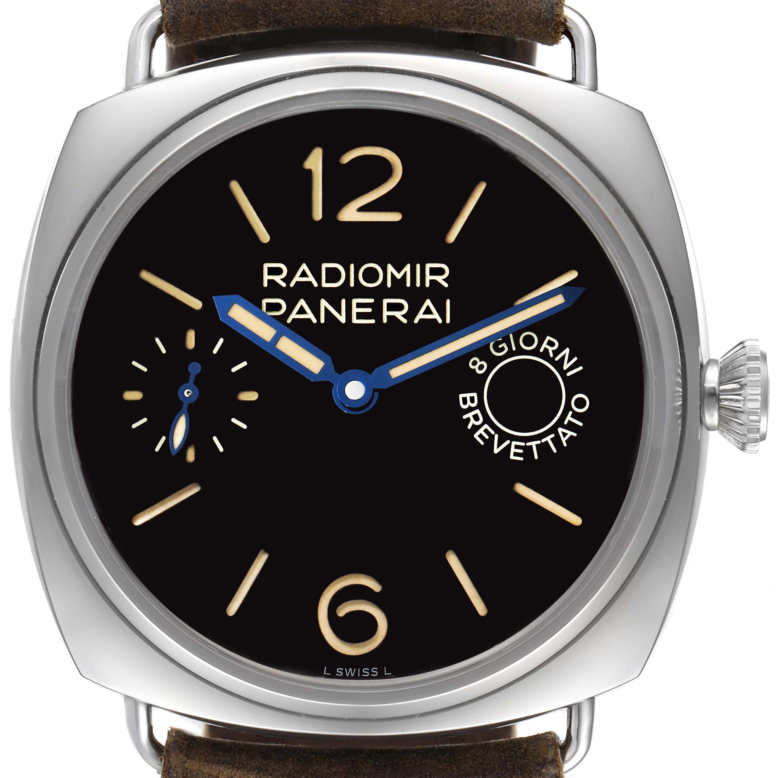 The image shows a frontal view of the Panerai Radiomir PAM00992 Men
s Stainless Steel Black Dial PAM00992 Men
s Stainless Steel Black Dial watch, highlighting the dial, hands, and crown.