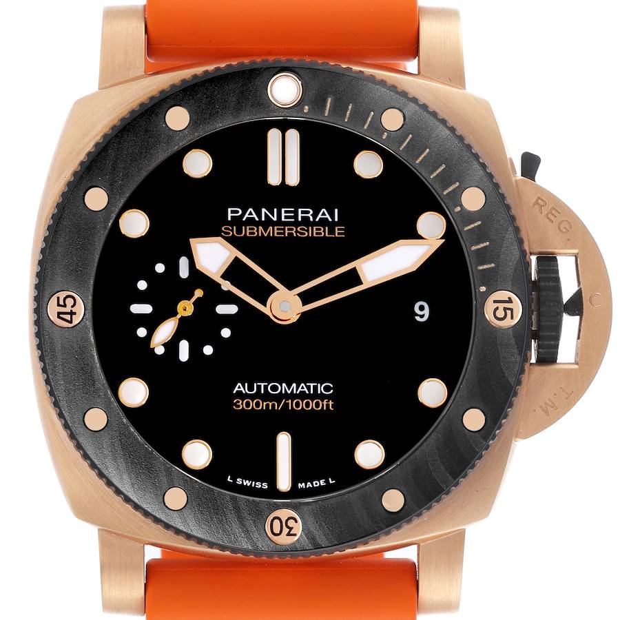 The image shows a Panerai Submersible watch from a front angle, highlighting the dial, bezel, crown guard, and orange strap.