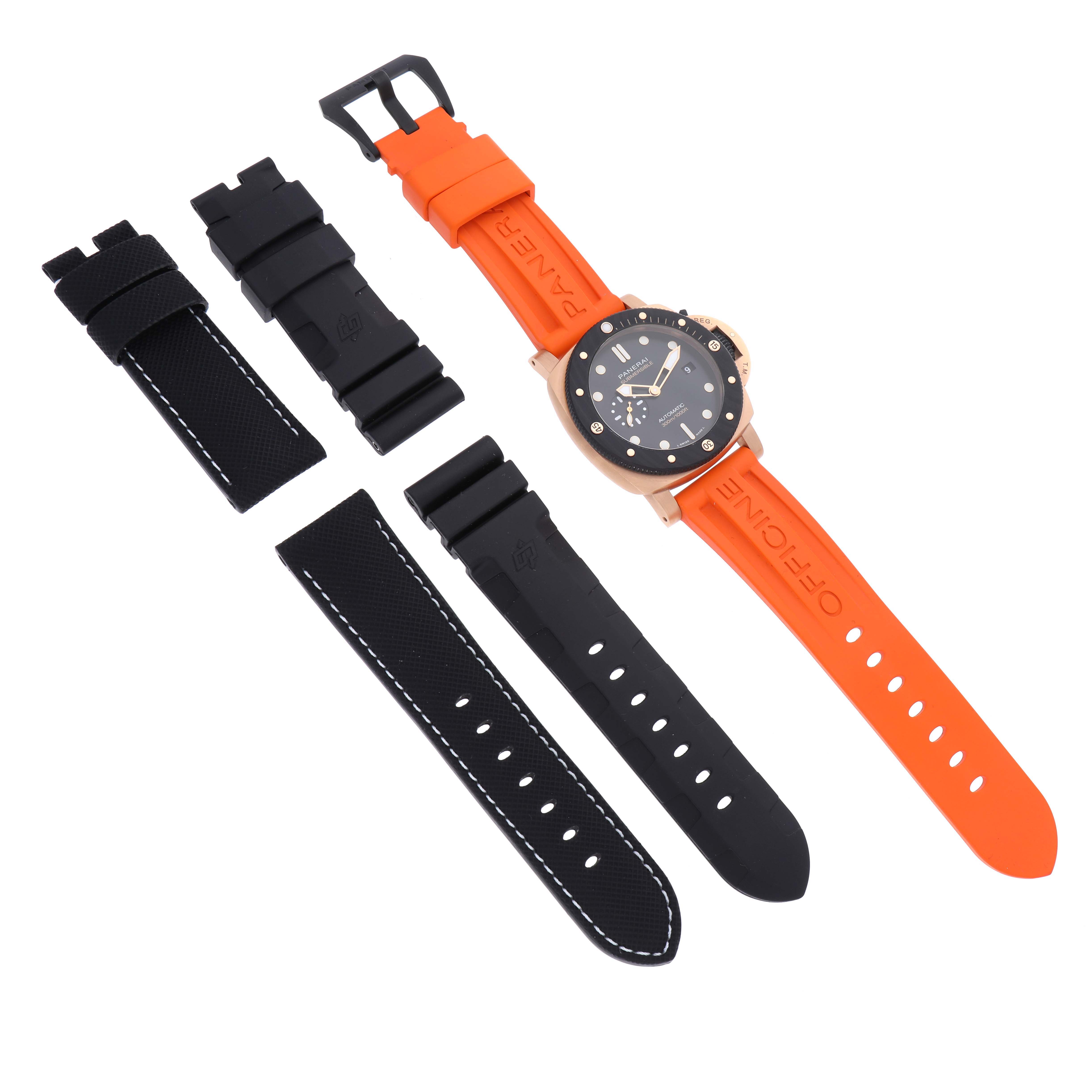 The Panerai Submersible PAM01070 Men's Rose Gold Black Dial PAM01070 Men's Rose Gold Black Dial watch is shown from above with orange and black straps displayed separately.
