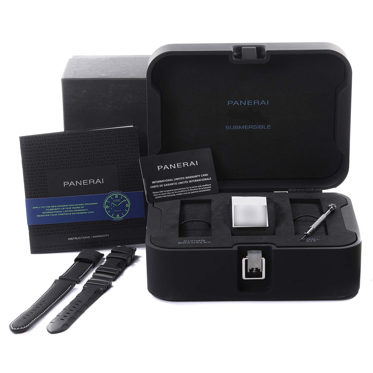 The image shows the Panerai Submersible PAM01070 Men's Rose Gold Black Dial PAM01070 Men's Rose Gold Black Dial watch box, with straps, a toolkit, and documentation displayed from a top angle.