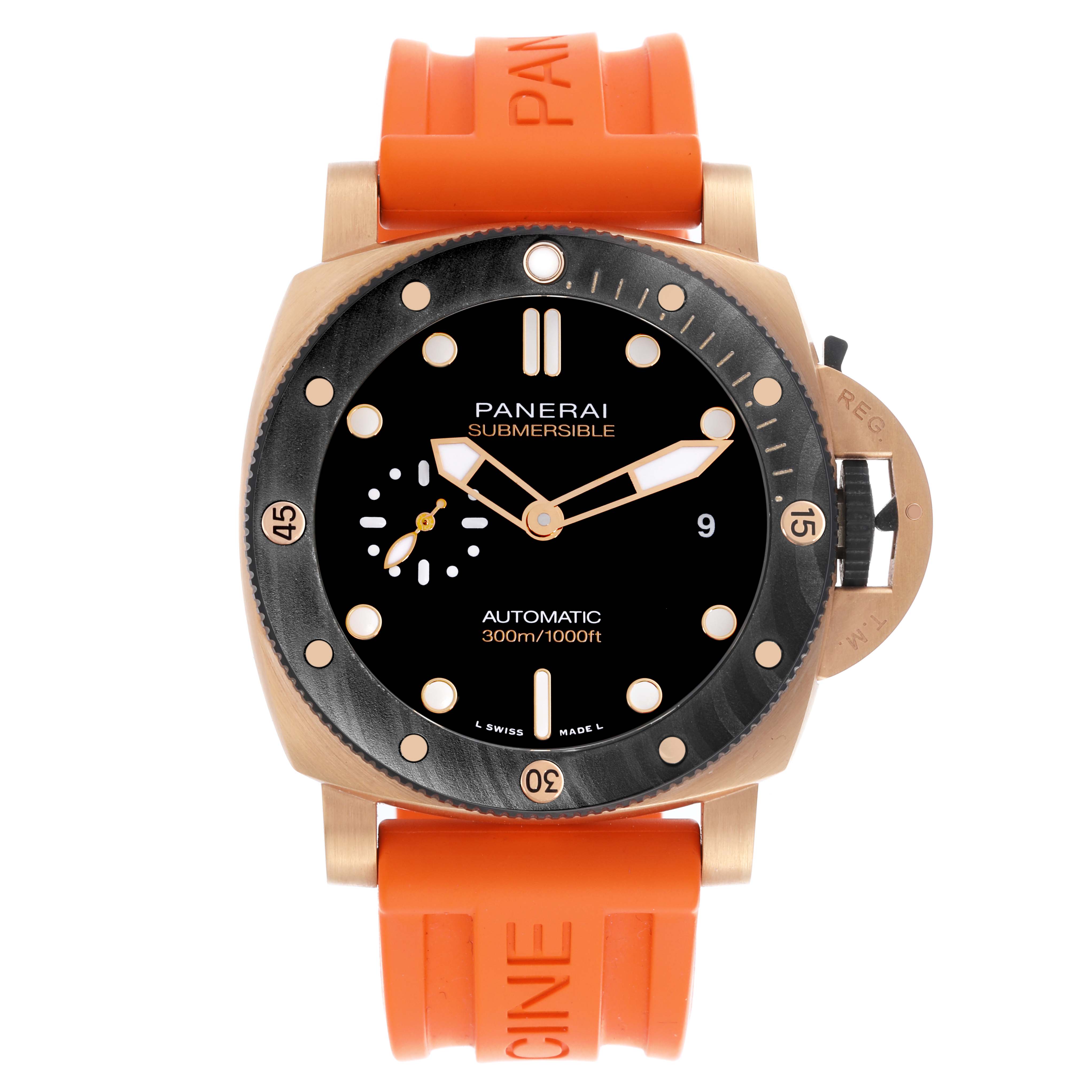 The image shows a Panerai Submersible PAM01070 Men's Rose Gold Black Dial PAM01070 Men's Rose Gold Black Dial watch from a front angle, highlighting the dial, bezel, and orange strap.