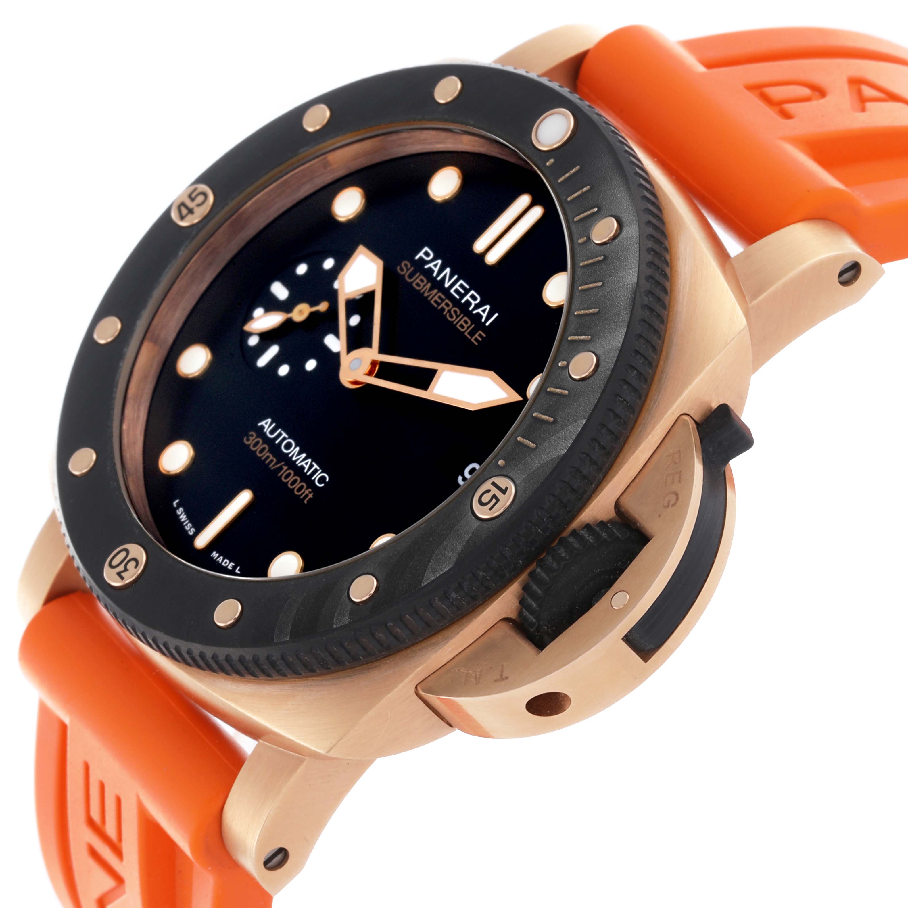 The image shows a Panerai Submersible PAM01070 Men's Rose Gold Black Dial PAM01070 Men's Rose Gold Black Dial watch at an angled close-up, highlighting the bezel, crown guard, and orange strap.