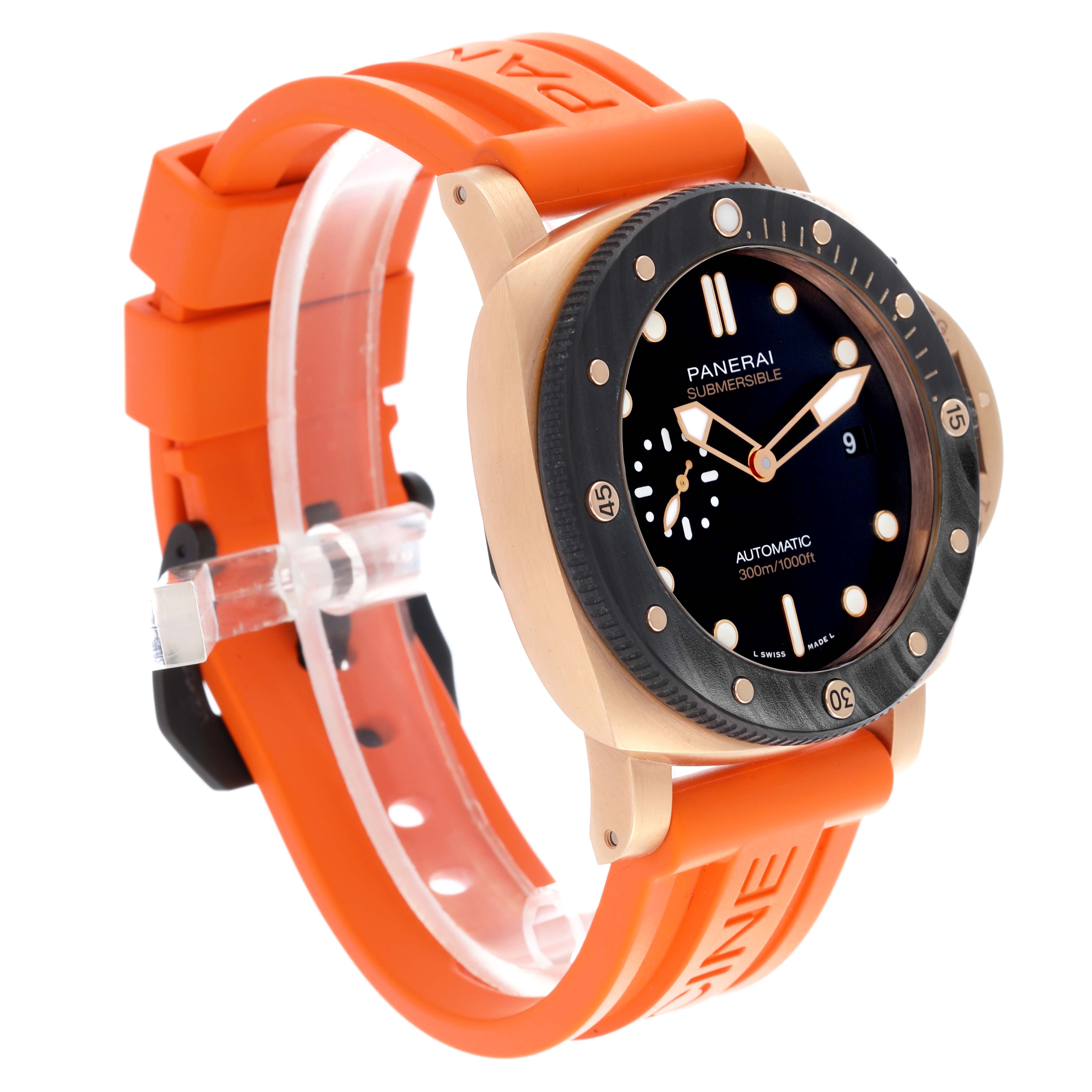 The Panerai Submersible PAM01070 Men's Rose Gold Black Dial PAM01070 Men's Rose Gold Black Dial watch is shown at a slight angle, highlighting the face, case, bezel, and orange strap.