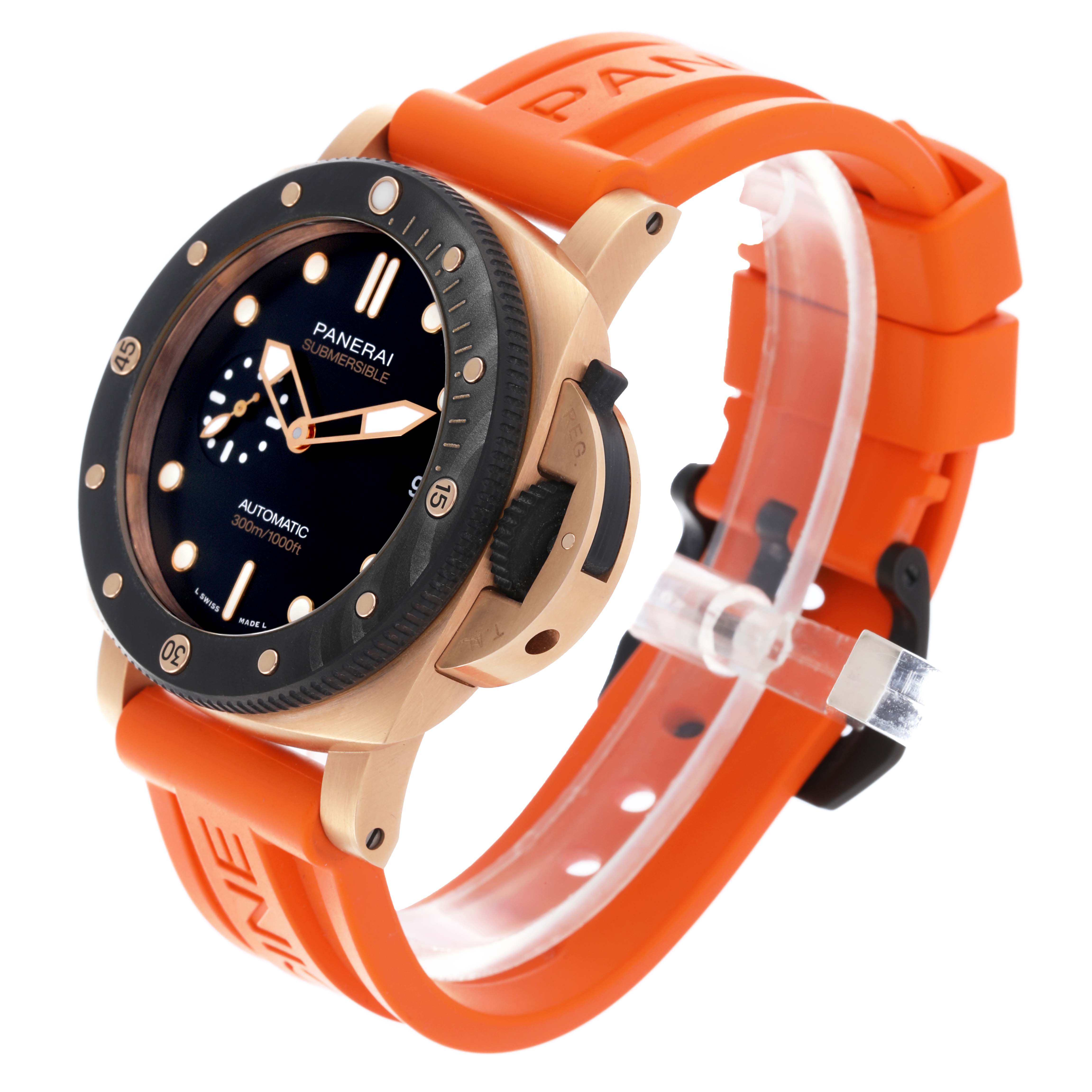 The Panerai Submersible PAM01070 Men's Rose Gold Black Dial PAM01070 Men's Rose Gold Black Dial watch is shown at a three-quarter angle, highlighting the case, bezel, dial, and orange strap.