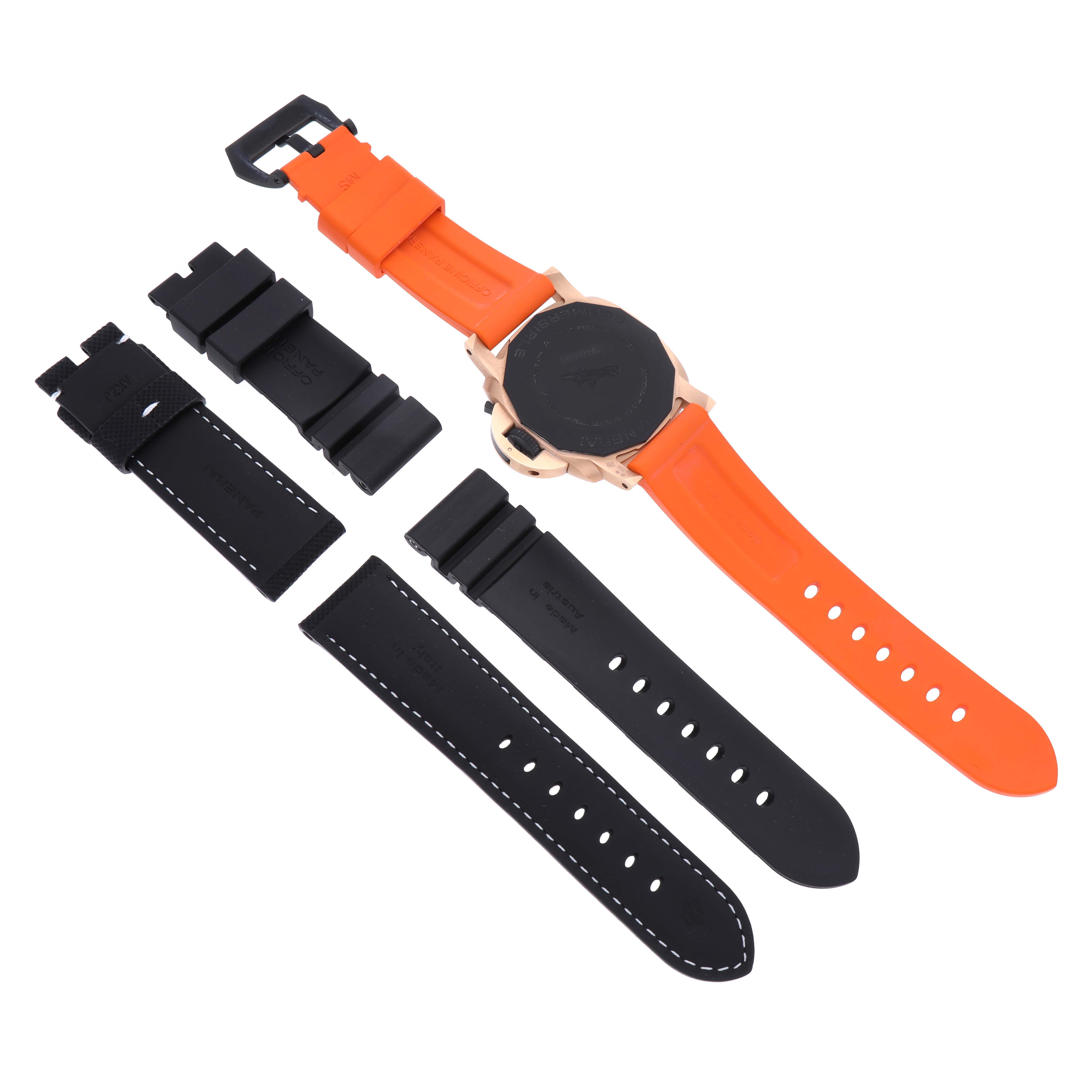 The image shows a Panerai Submersible PAM01070 Men's Rose Gold Black Dial PAM01070 Men's Rose Gold Black Dial watch from the back, with orange and black strap options displayed.