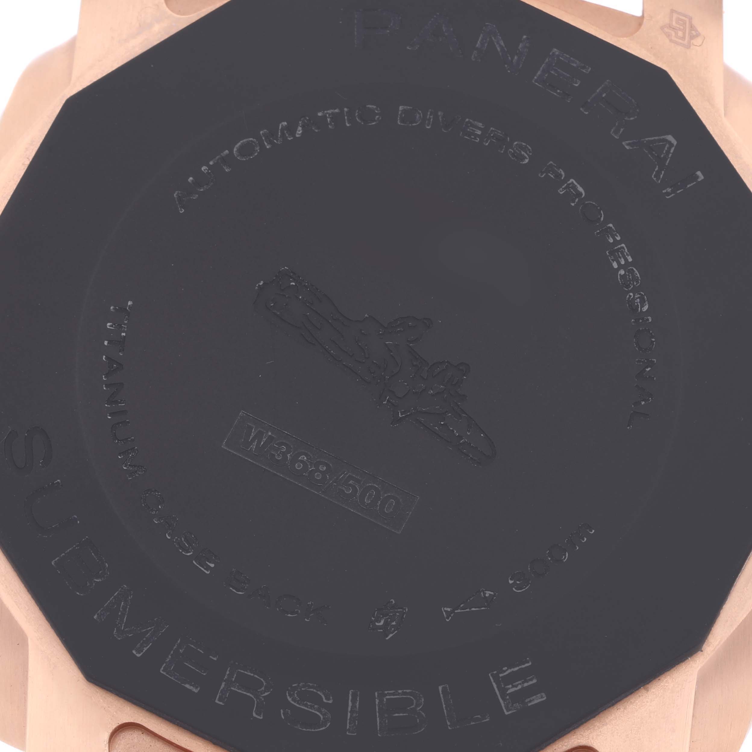 The image shows the back case of a Panerai Submersible PAM01070 Men's Rose Gold Black Dial PAM01070 Men's Rose Gold Black Dial watch, highlighting the case material and engravings.