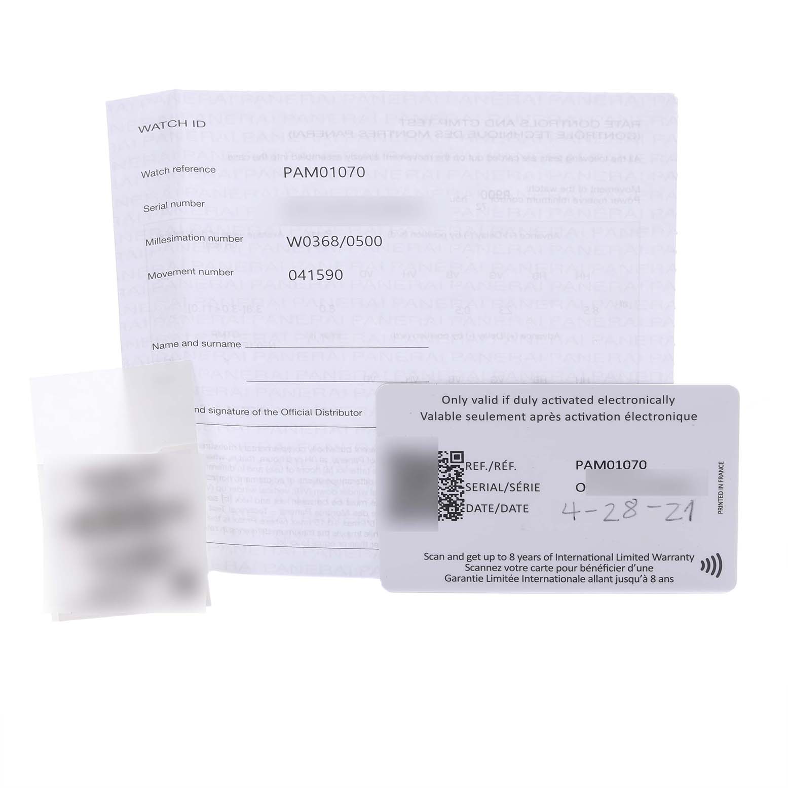 The image shows the documentation and warranty card for a Panerai Submersible PAM01070 Men's Rose Gold Black Dial PAM01070 Men's Rose Gold Black Dial model PAM01070.