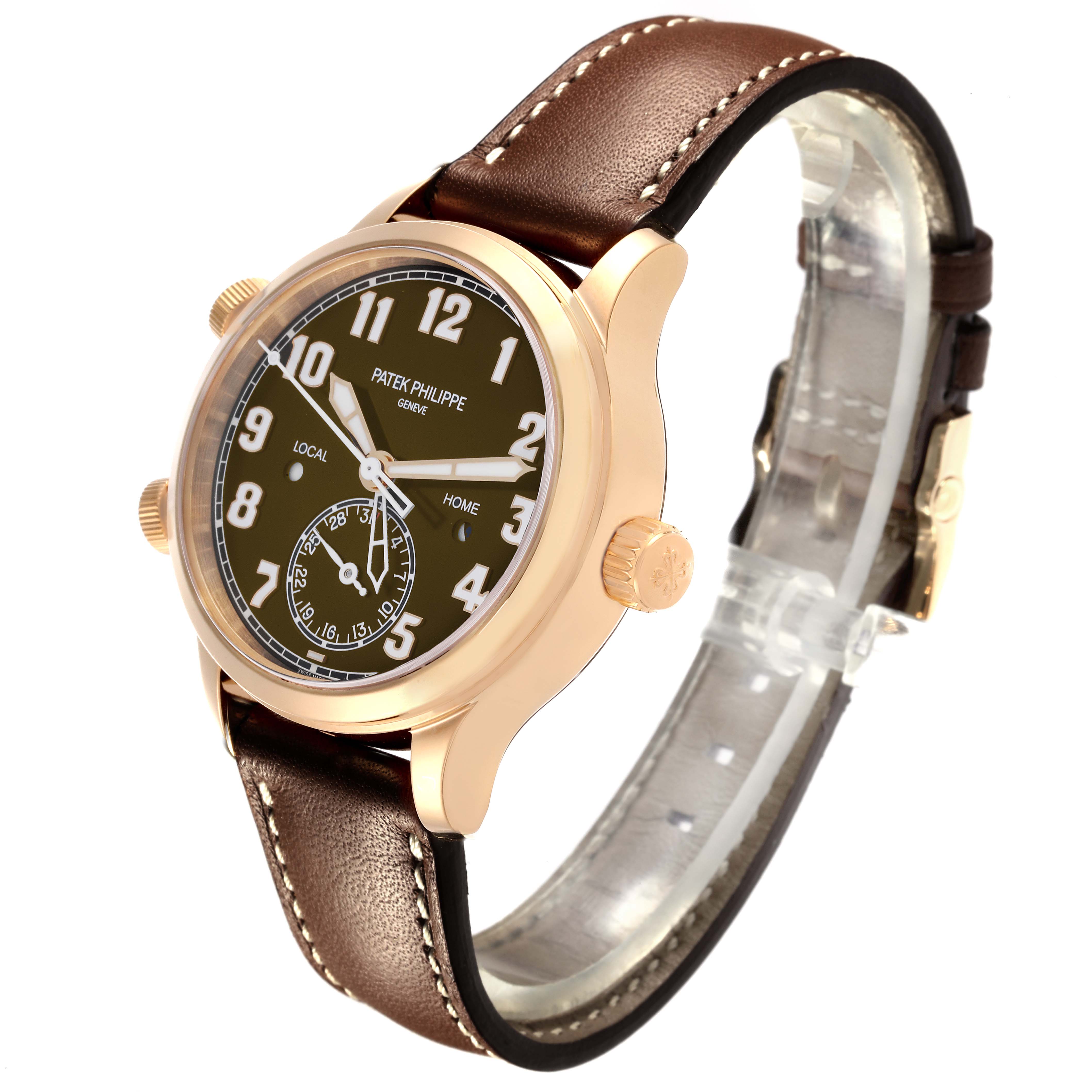 The Patek Philippe Calatrava 7234R-001 Men's Rose Gold Brown Dial 7234R-001 Men's Rose Gold Brown Dial watch is shown at a side angle, highlighting the face, crown, case, and leather strap.