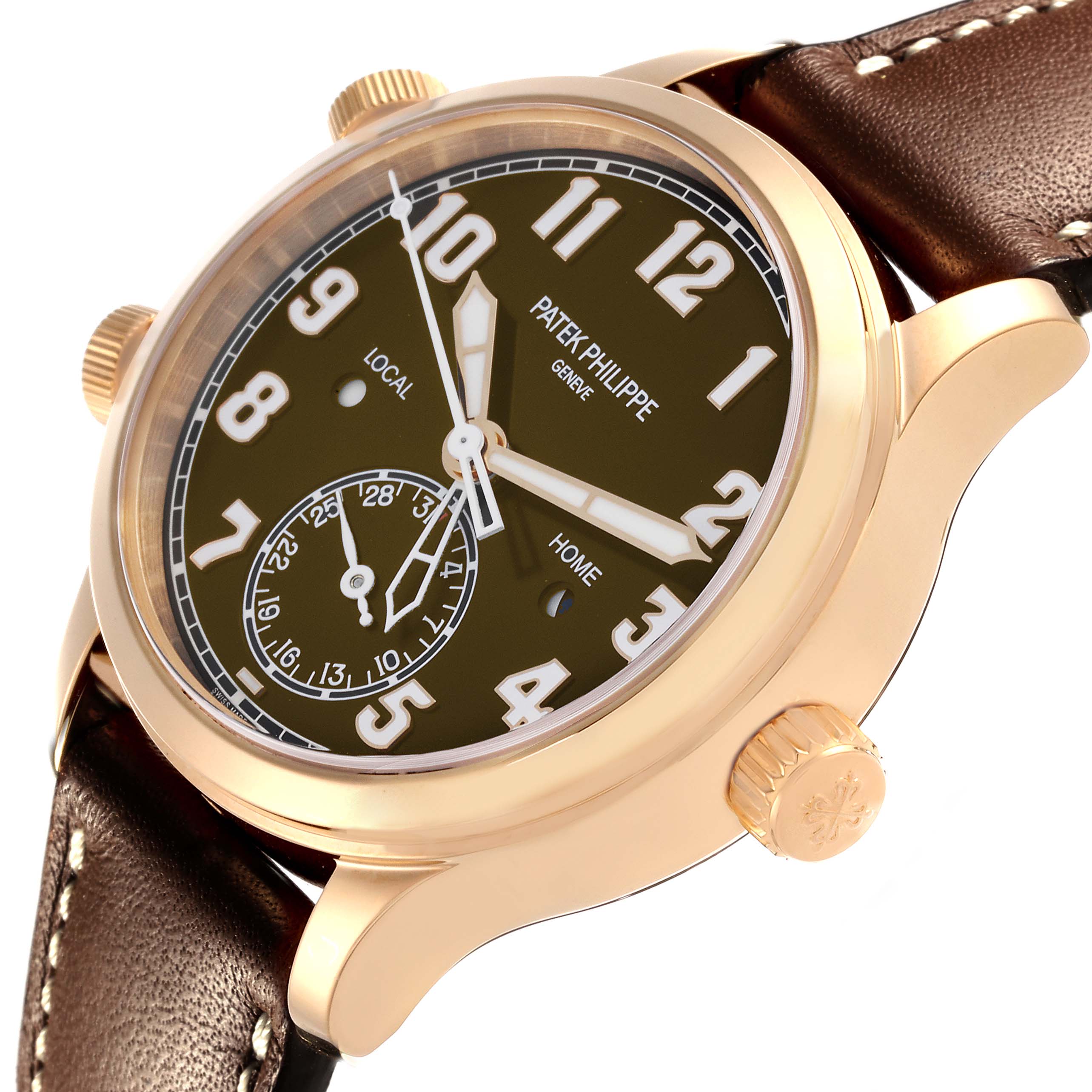 The image shows a side view of the Patek Philippe Calatrava 7234R-001 Men's Rose Gold Brown Dial 7234R-001 Men's Rose Gold Brown Dial, highlighting the dial, crown, and lugs with a brown leather strap.