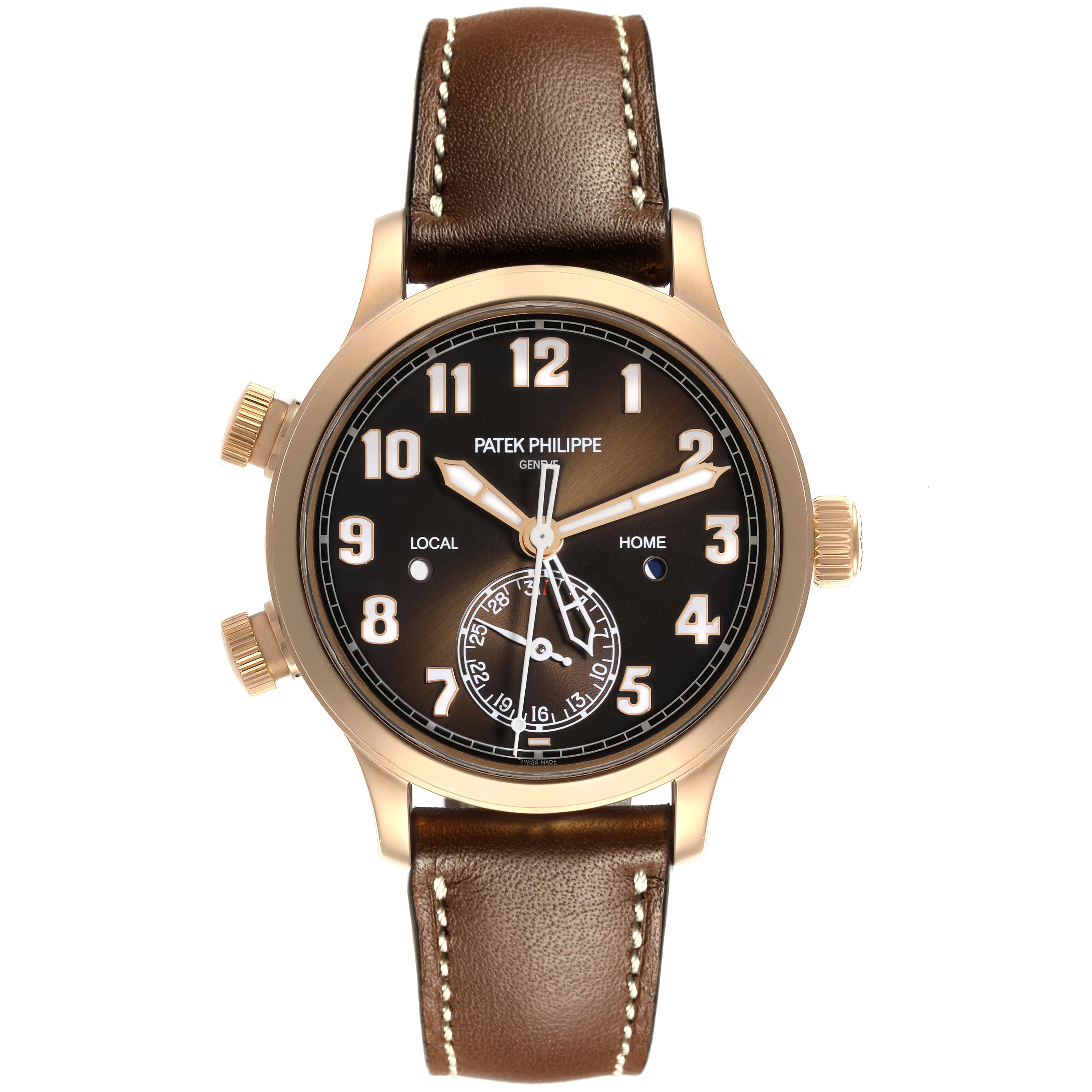 This image shows a Patek Philippe Calatrava 7234R-001 Men's Rose Gold Brown Dial 7234R-001 Men's Rose Gold Brown Dial watch from a front view, highlighting the dial, hands, and leather strap.