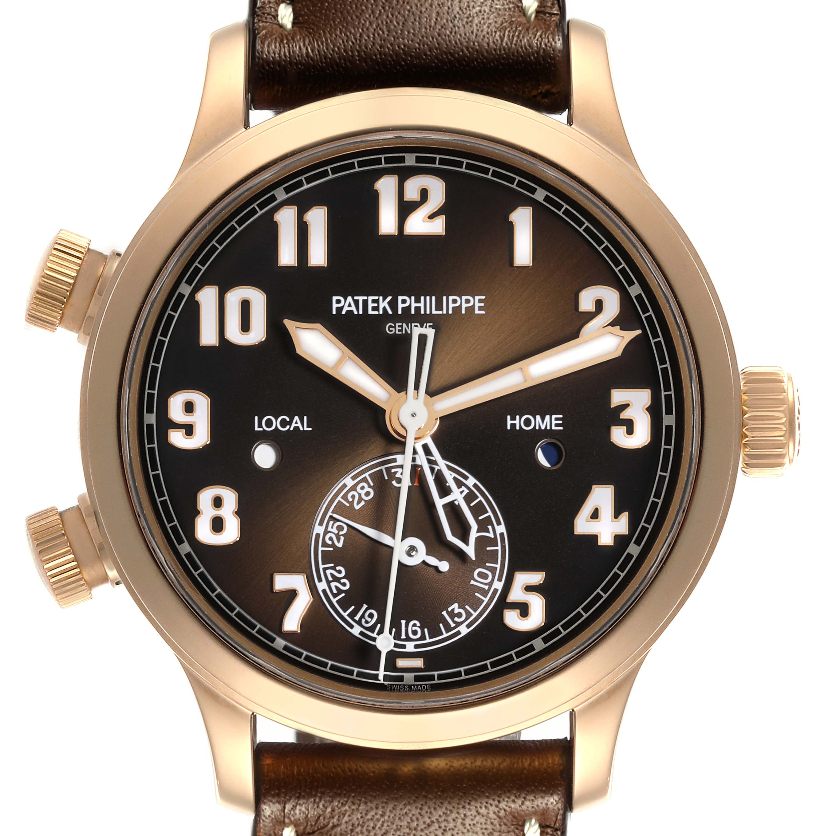 The Patek Philippe Calatrava 7234R-001 Men's Rose Gold Brown Dial 7234R-001 Men's Rose Gold Brown Dial is shown from the front, highlighting the dial, hands, numerals, and crown.