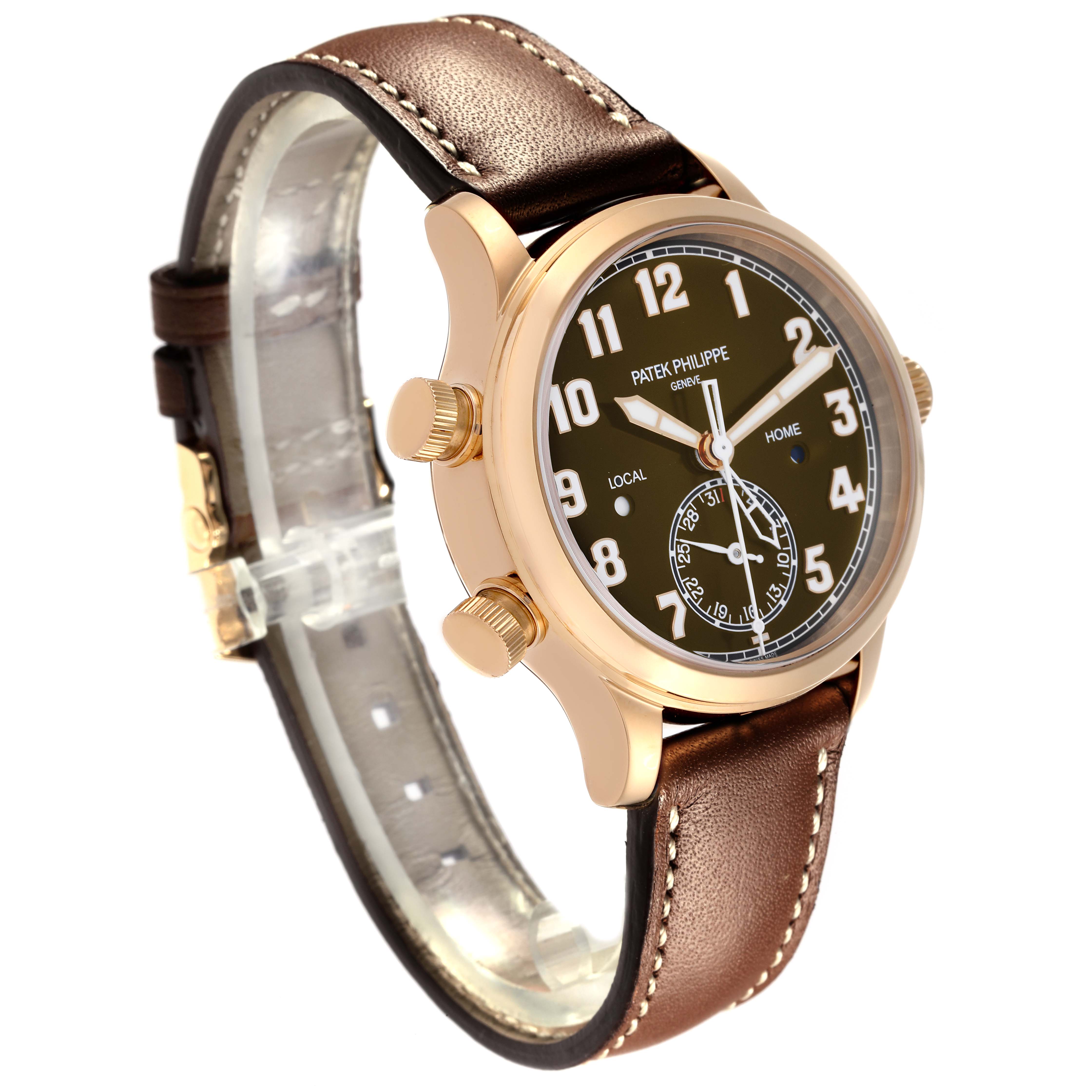 The Patek Philippe Calatrava 7234R-001 Men's Rose Gold Brown Dial 7234R-001 Men's Rose Gold Brown Dial watch is shown at an angled side view, displaying its case, dial, and leather strap.