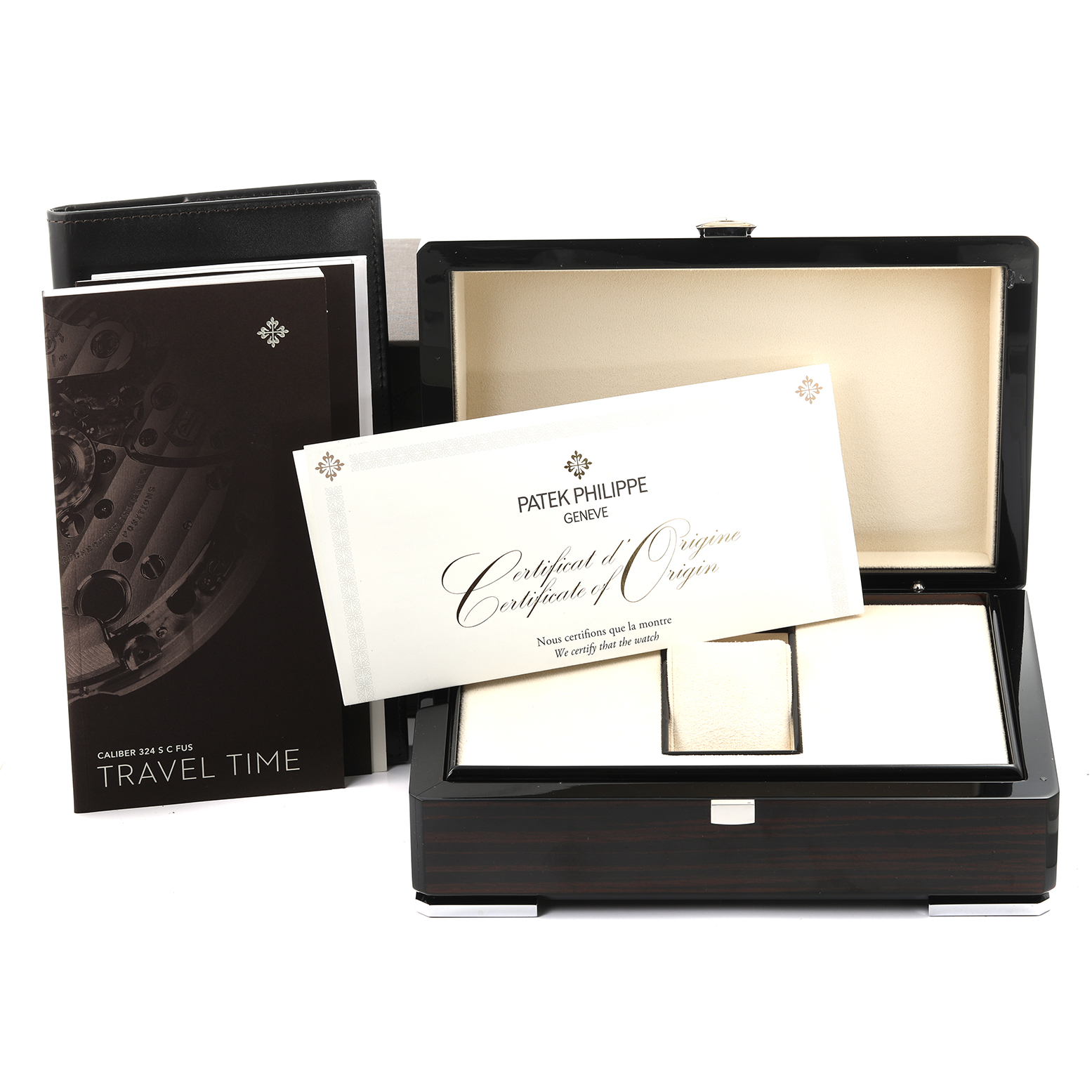 The image shows the open box, certificate, and manual for the Patek Philippe Calatrava 7234R-001 Men's Rose Gold Brown Dial 7234R-001 Men's Rose Gold Brown Dial.