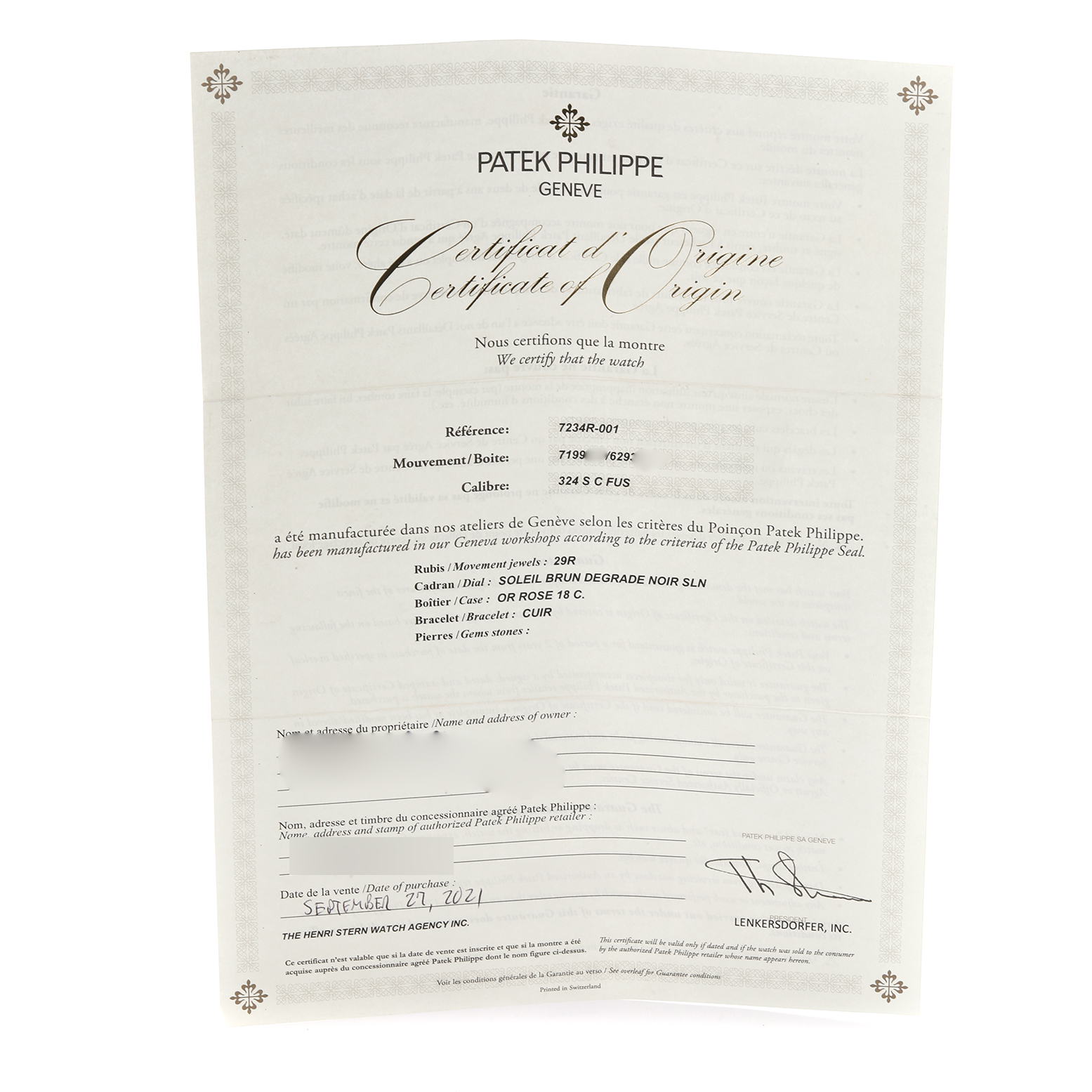 The image shows a Patek Philippe Calatrava 7234R-001 Men's Rose Gold Brown Dial 7234R-001 Men's Rose Gold Brown Dial Certificate of Origin at a slight angle, detailing the watch's specifications.