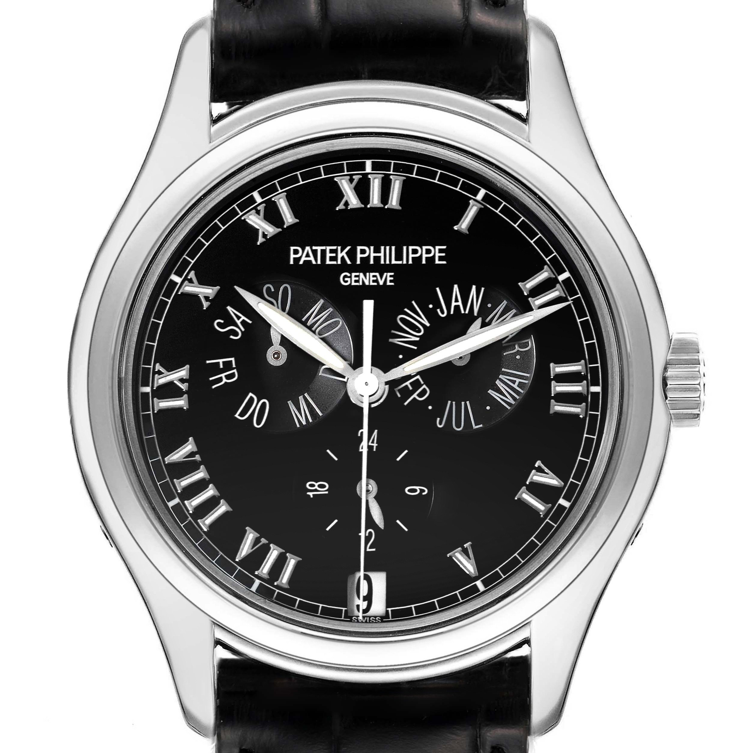 The image shows a frontal view of the Patek Philippe Complications 5035G Men's White Gold Black Dial 5035G Men's White Gold Black Dial watch, highlighting its black dial, Roman numerals, and subdials.
