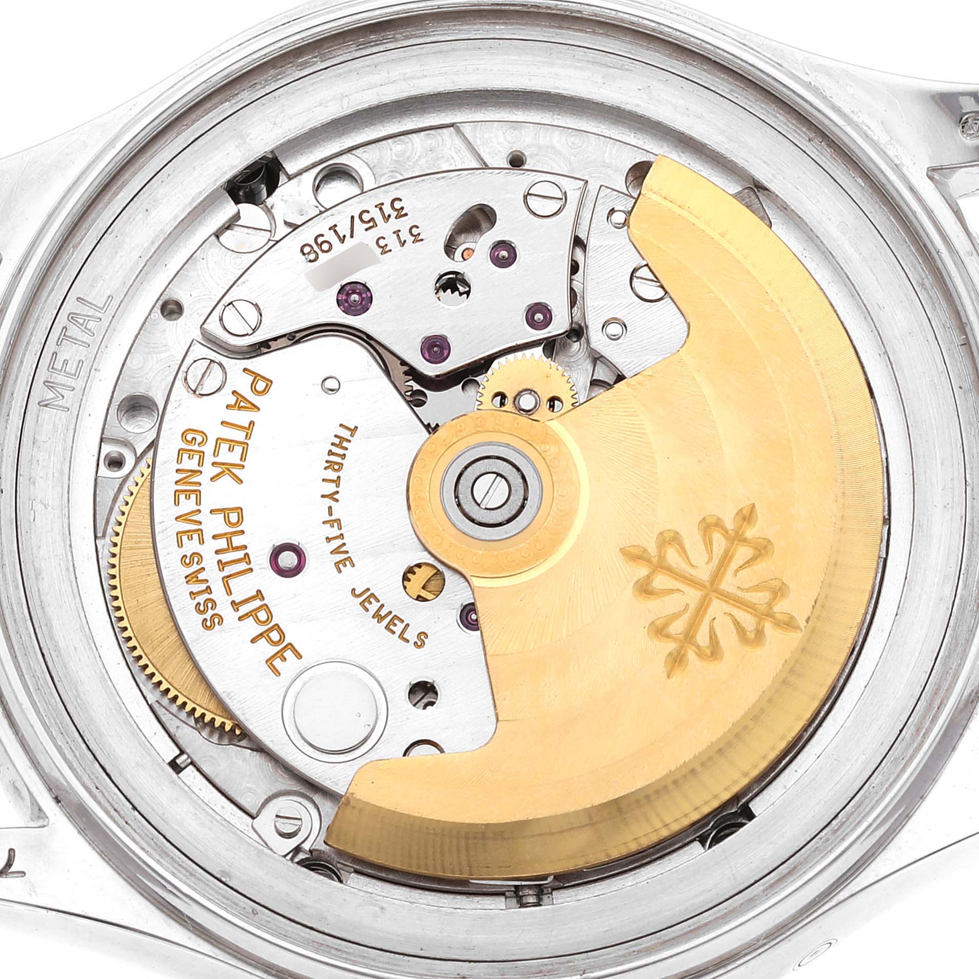 This image shows the movement of a Patek Philippe Complications 5035G Men's White Gold Black Dial 5035G Men's White Gold Black Dial model watch from a top-down angle.