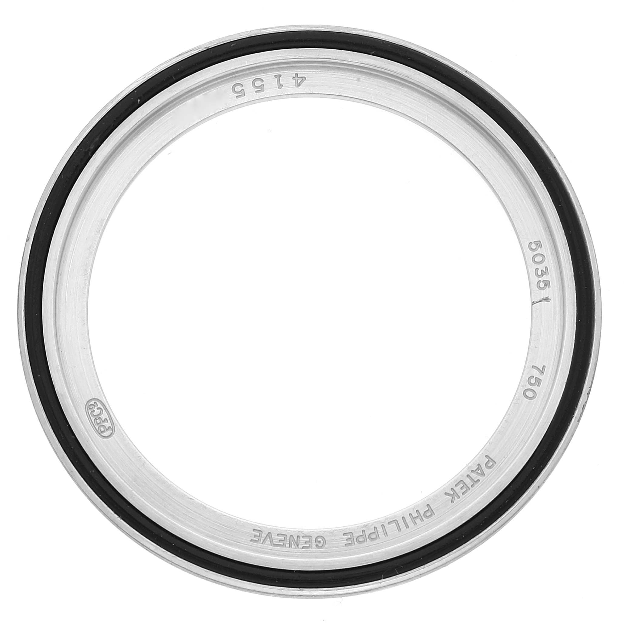 This image shows the bezel of a Patek Philippe Complications 5035G Men's White Gold Black Dial 5035G Men's White Gold Black Dial model watch, viewed from a top angle.