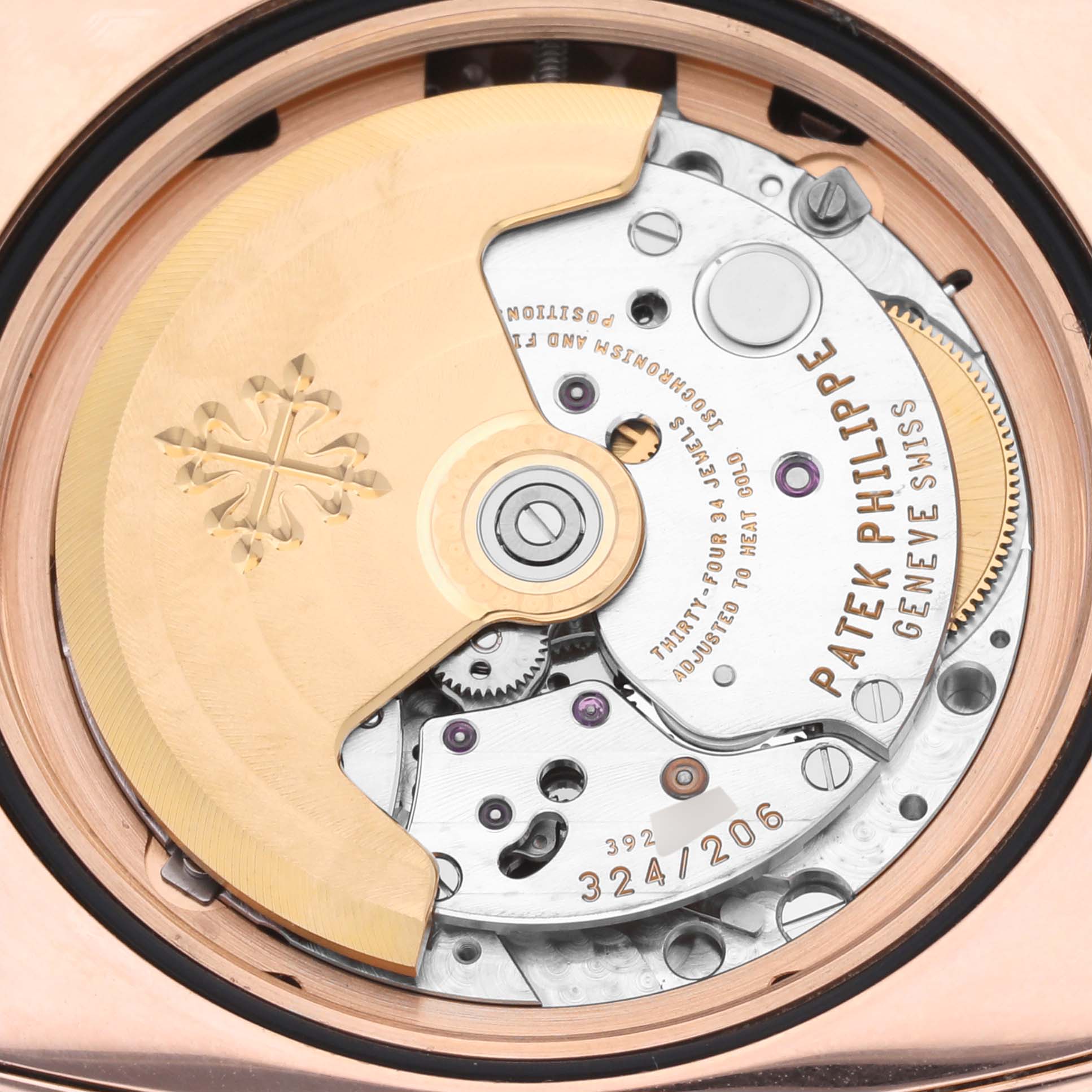The image shows the movement of a Patek Philippe Gondolo 5135R-001 Men's Rose Gold Silver Dial 5135R-001 Men's Rose Gold Silver Dial watch from a top-down angle.