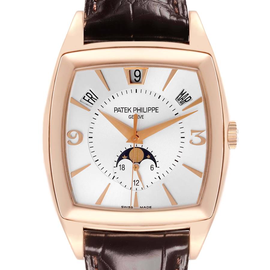 The image shows a front view of the Patek Philippe Gondolo watch, highlighting its dial, hands, and leather strap.