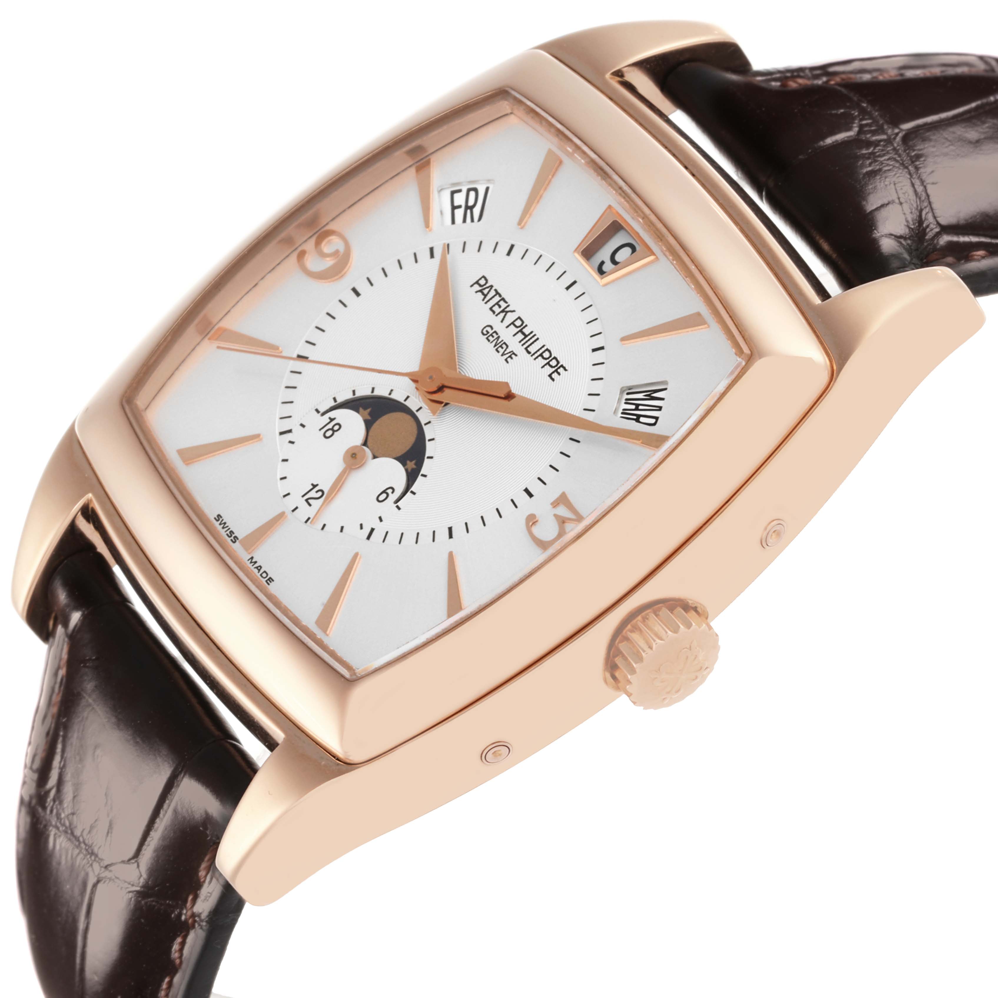 The Patek Philippe Gondolo 5135R-001 Men's Rose Gold Silver Dial 5135R-001 Men's Rose Gold Silver Dial watch is shown at an angle highlighting the dial, crown, and strap attachment.