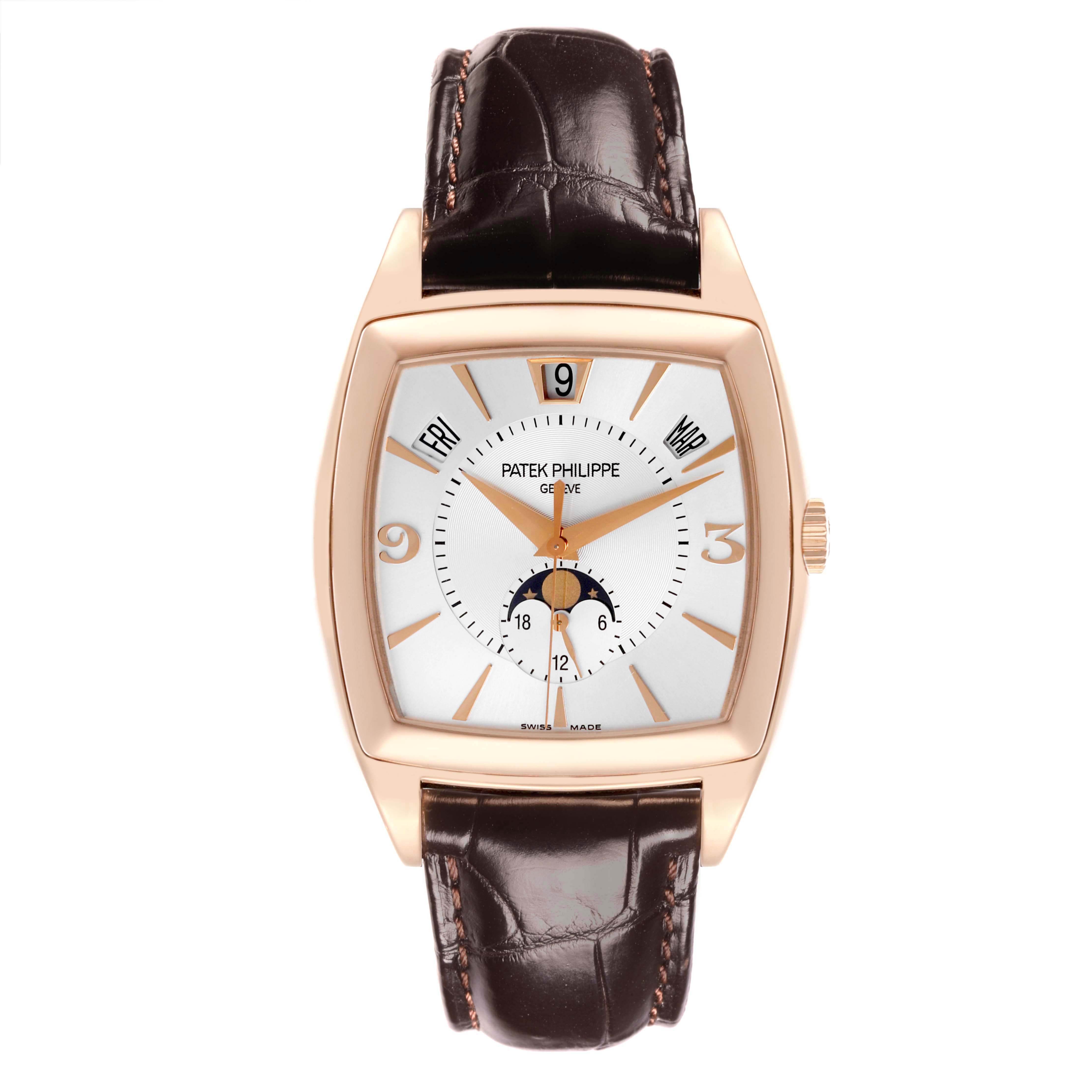 The Patek Philippe Gondolo 5135R-001 Men's Rose Gold Silver Dial 5135R-001 Men's Rose Gold Silver Dial watch is shown from a front angle, highlighting its face, rectangular case, and leather strap.