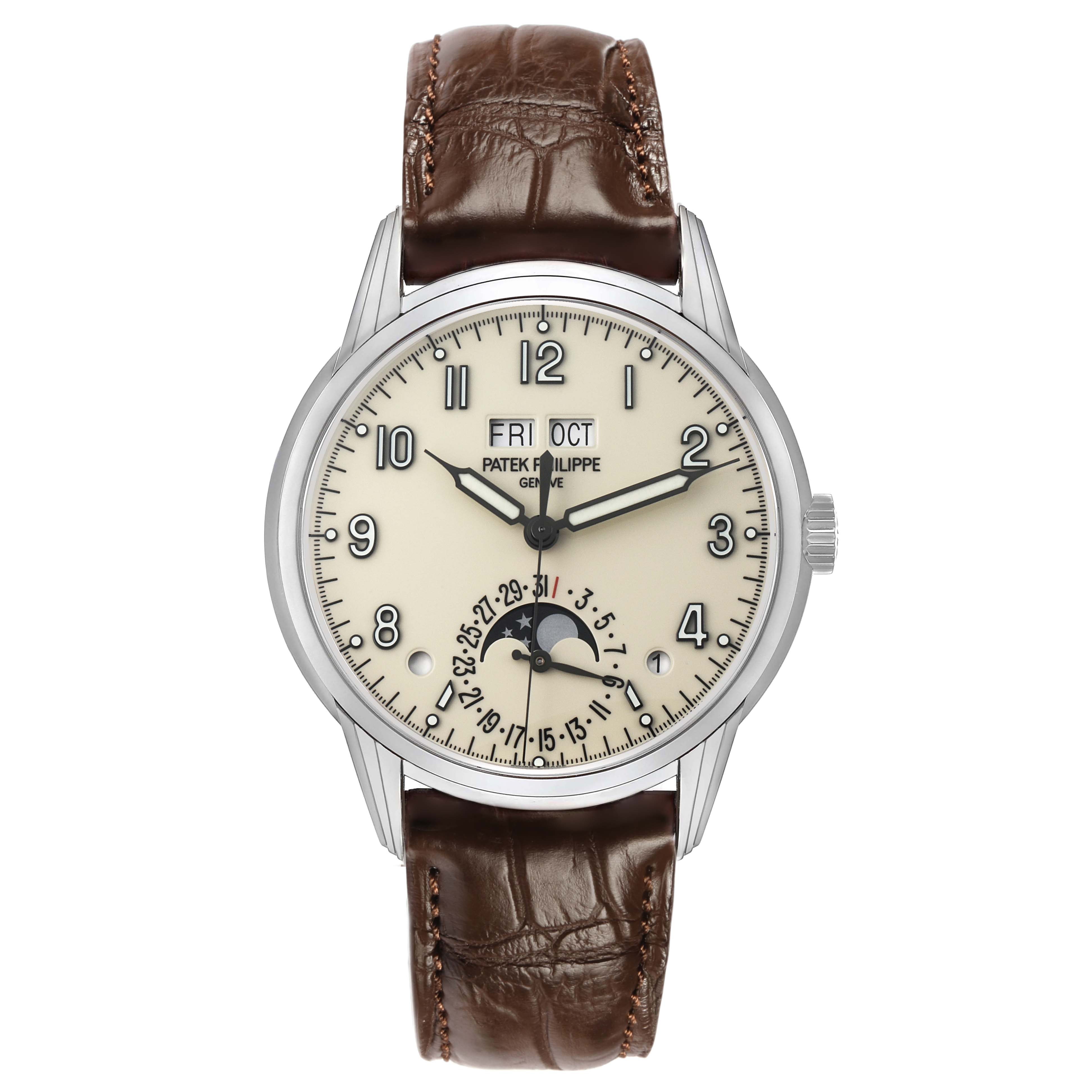 The Patek Philippe Complications 5320G Men's White Gold White Dial watch is shown from a front angle, highlighting the dial, hands, and leather strap.