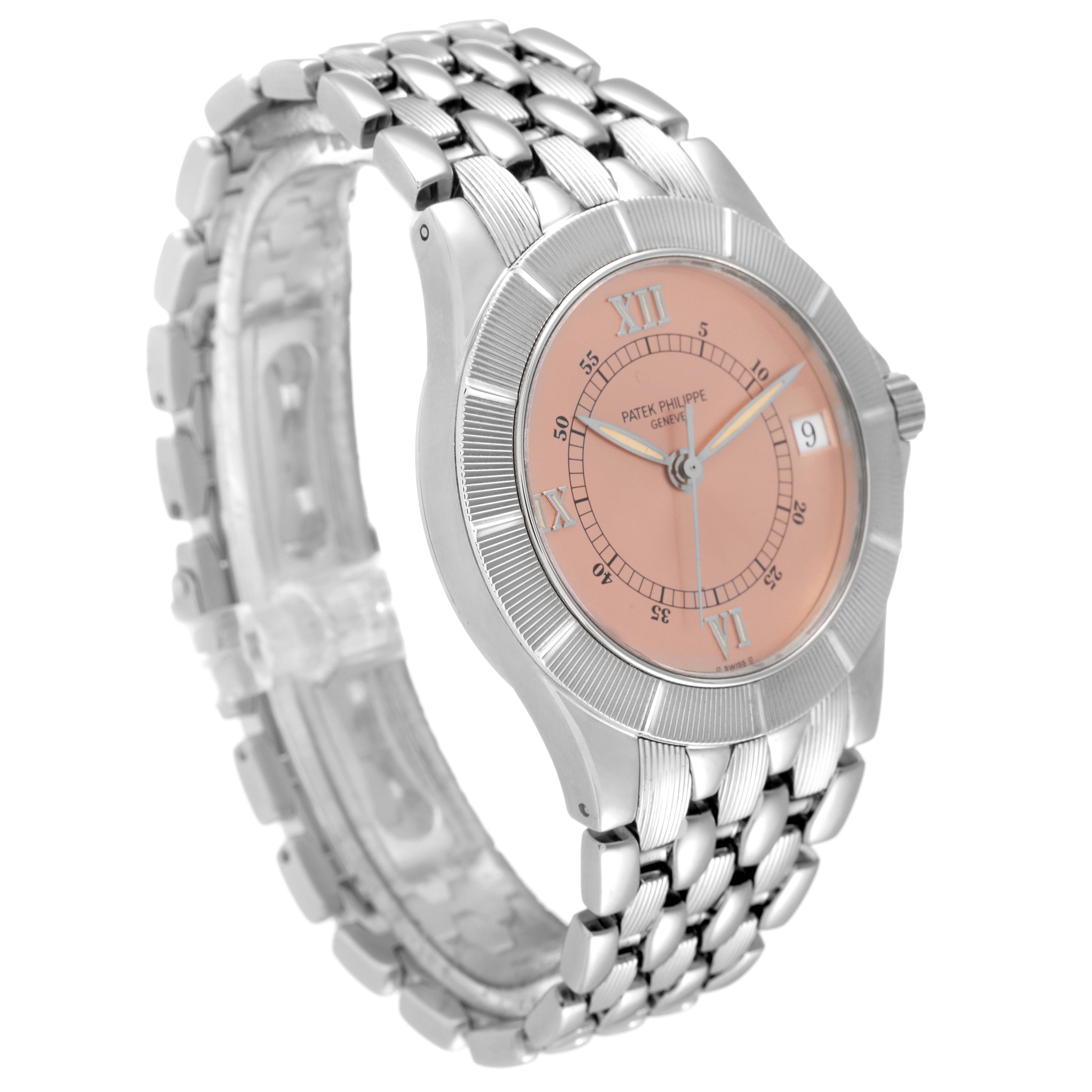 The image shows a Patek Philippe Neptune 5080/001 Men's Stainless Steel Pink Dial 5080/001 Men's Stainless Steel Pink Dial model watch at a three-quarter angle, highlighting the face, bezel, and bracelet.