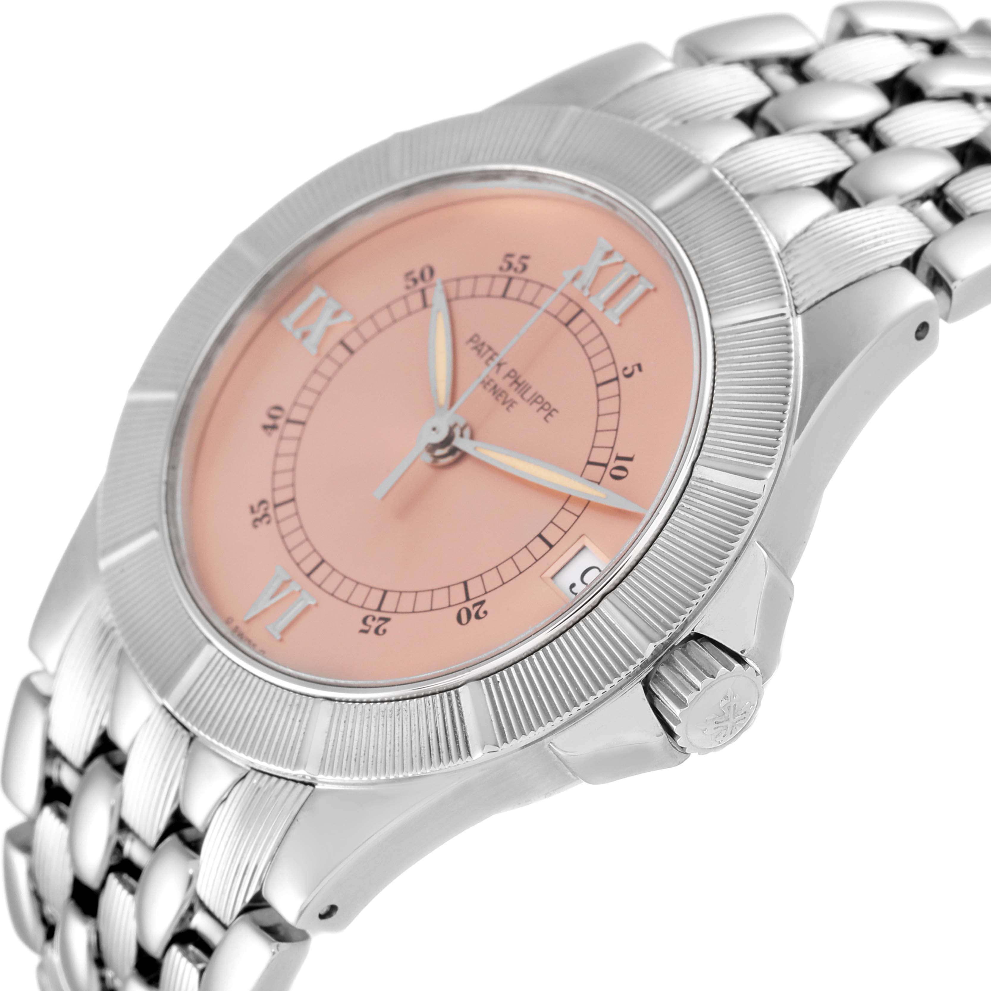 The image shows a close-up of the Patek Philippe Neptune 5080/001 Men's Stainless Steel Pink Dial 5080/001 Men's Stainless Steel Pink Dial model, highlighting its face, bezel, crown, and part of the bracelet.