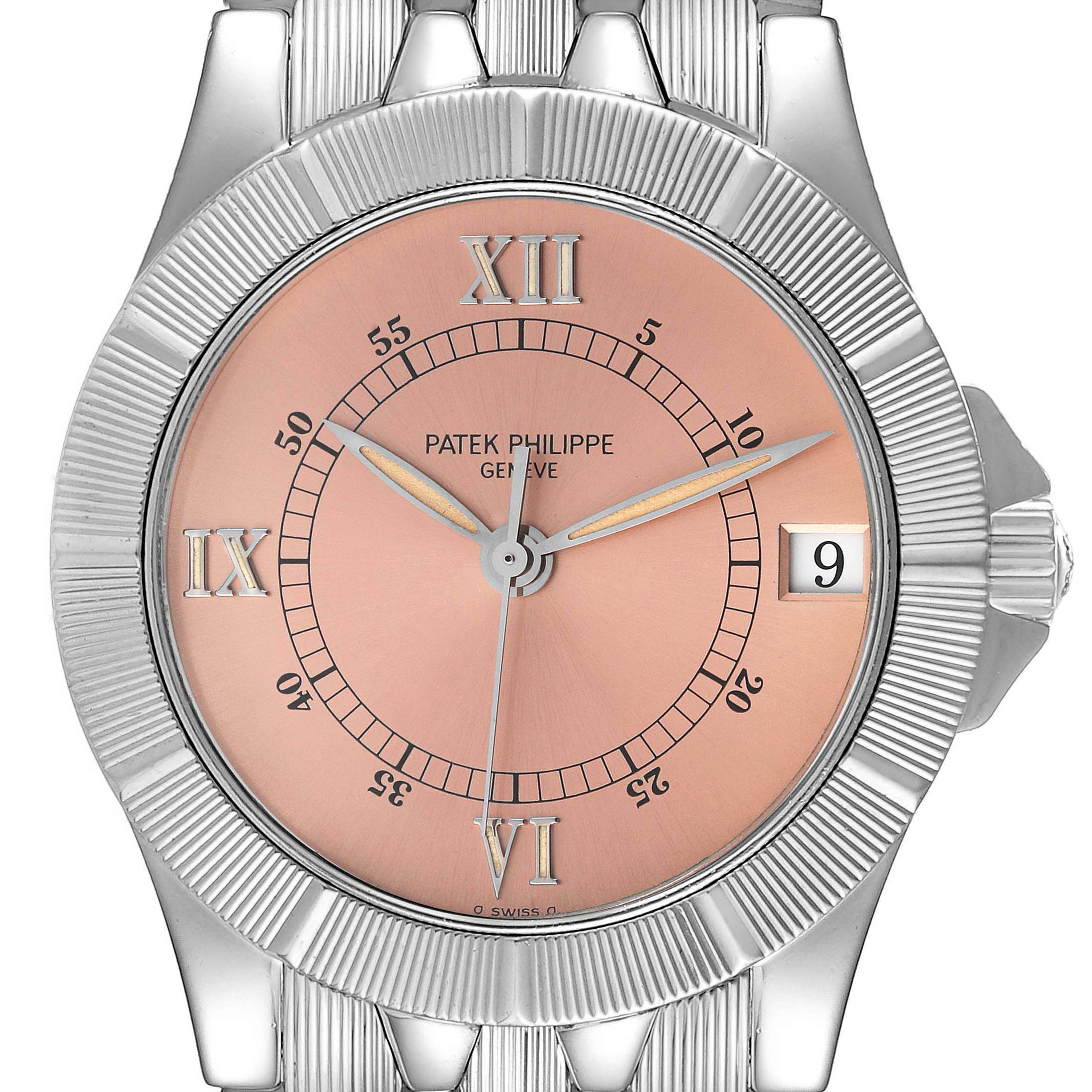 This image shows a close-up, front-facing view of a Patek Philippe Neptune 5080/001 Men's Stainless Steel Pink Dial 5080/001 Men's Stainless Steel Pink Dial model watch, highlighting the dial, hands, and part of the bracelet.