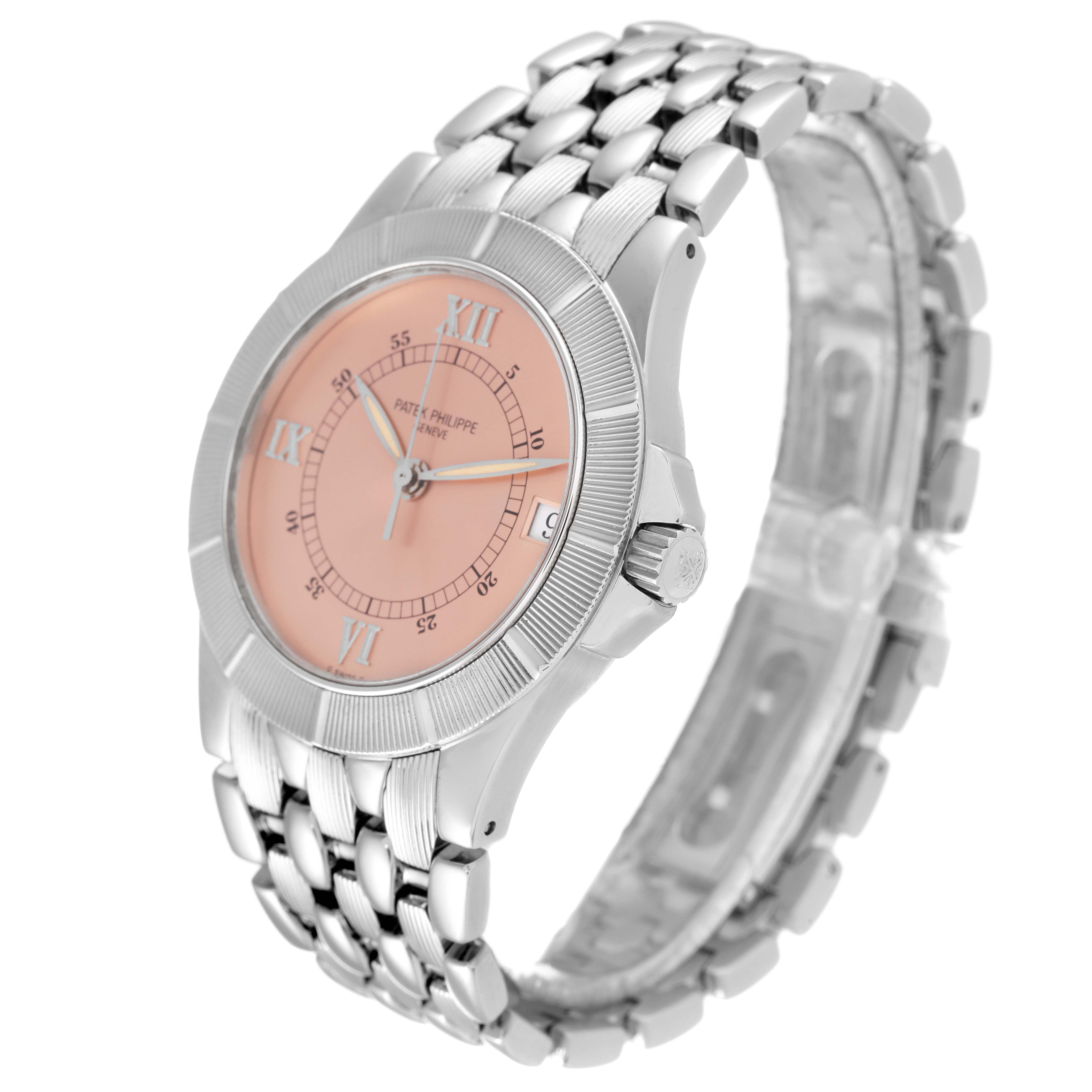 The image shows a side-angle view of the Patek Philippe Neptune 5080/001 Men's Stainless Steel Pink Dial 5080/001 Men's Stainless Steel Pink Dial model watch, highlighting its dial, bezel, and metal bracelet.