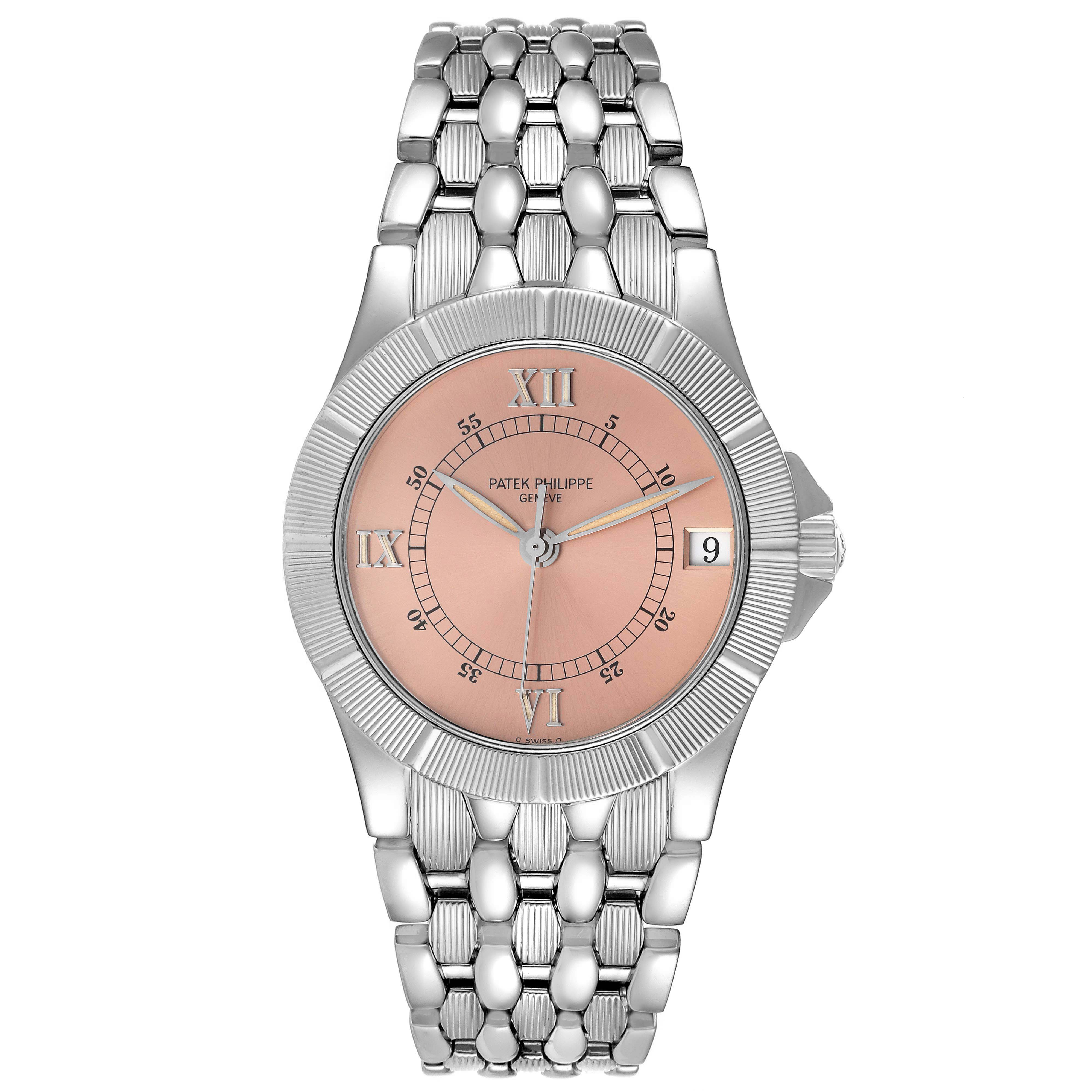 The image shows a front view of the Patek Philippe Neptune 5080/001 Men's Stainless Steel Pink Dial 5080/001 Men's Stainless Steel Pink Dial model watch, featuring its face, bezel, and bracelet.