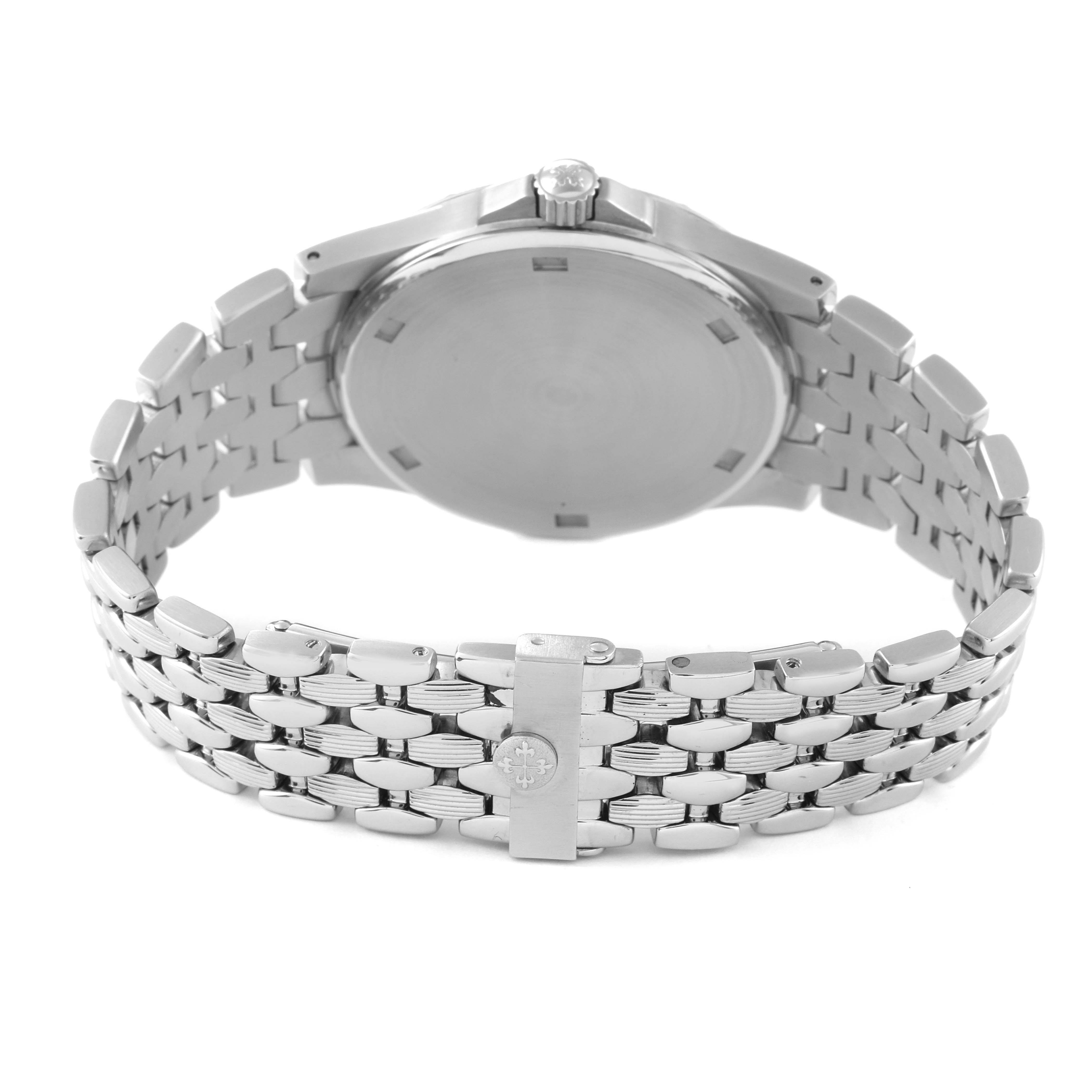 The image shows the back view of the Patek Philippe Neptune 5080/001 Men's Stainless Steel Pink Dial 5080/001 Men's Stainless Steel Pink Dial model watch, highlighting its case back and metal bracelet.