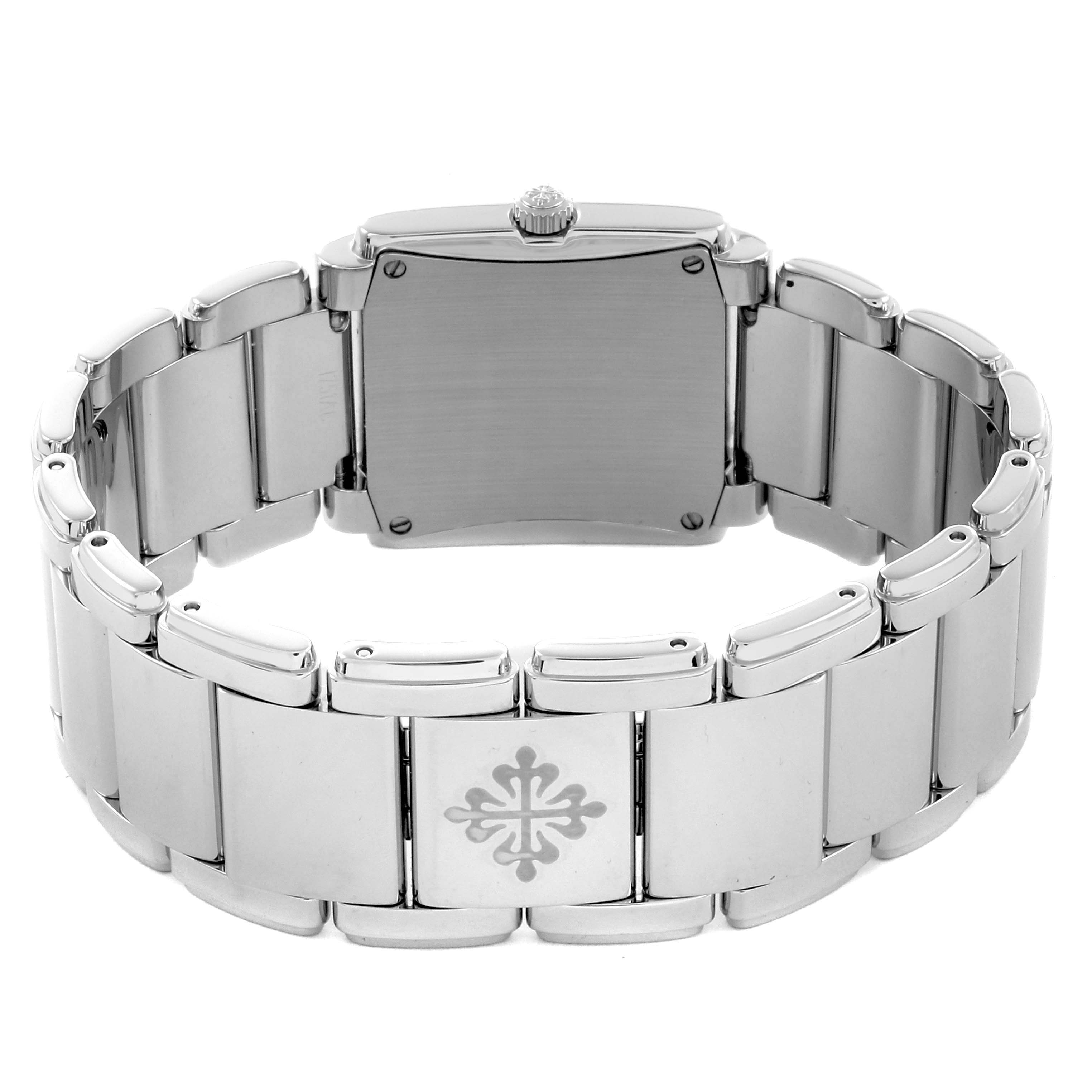 The Patek Philippe Twenty-4 4910/1200A-001 Women's Stainless Steel Blue Dial 4910/1200A-001 Women's Stainless Steel Blue Dial watch is shown from the back, highlighting its bracelet and clasp with the brand's emblem.