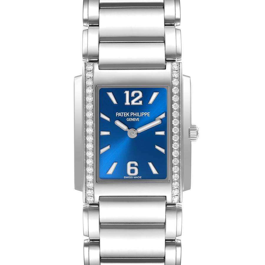 The Patek Philippe Twenty-4 watch is shown from the front, highlighting the blue dial, bracelet, and diamond accents.