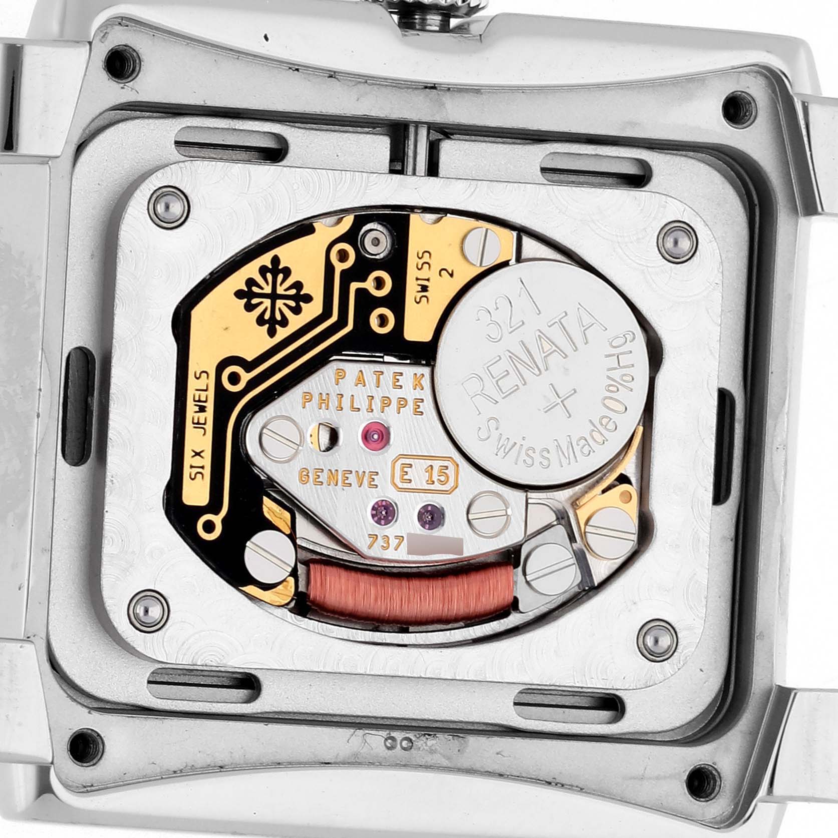 The image shows the back view of the Patek Philippe Twenty-4 4910/1200A-001 Women's Stainless Steel Blue Dial 4910/1200A-001 Women's Stainless Steel Blue Dial model, highlighting its movement and internal components.