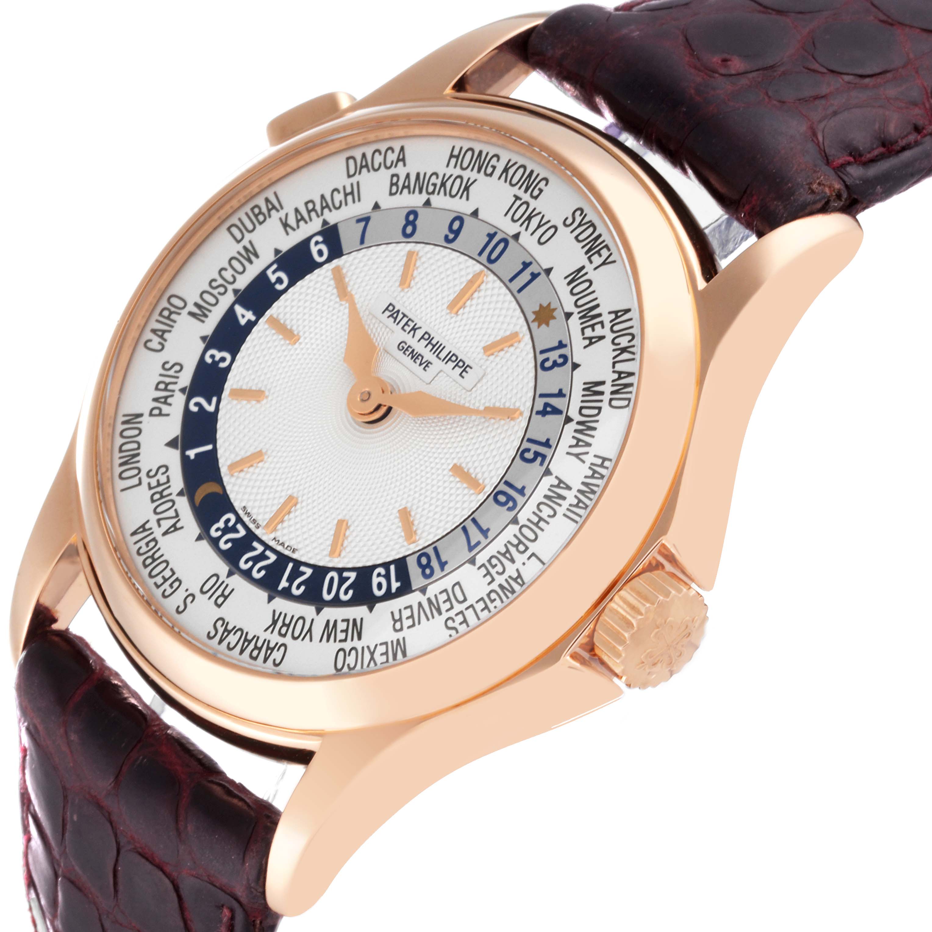 The image shows the front and side view of a Patek Philippe Complications 5110R-001 Men
s Rose Gold Silver Dial 5110R-001 Men
s Rose Gold Silver Dial watch, highlighting the world time feature and crown.